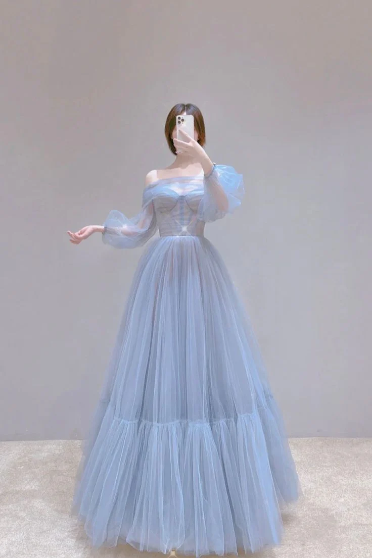 Elegant A-Line Blue Tulle Long Prom Dress with Long Sleeves - Formal Evening Gown J3816 for Homecoming, Ball, Wedding & Special Occasions