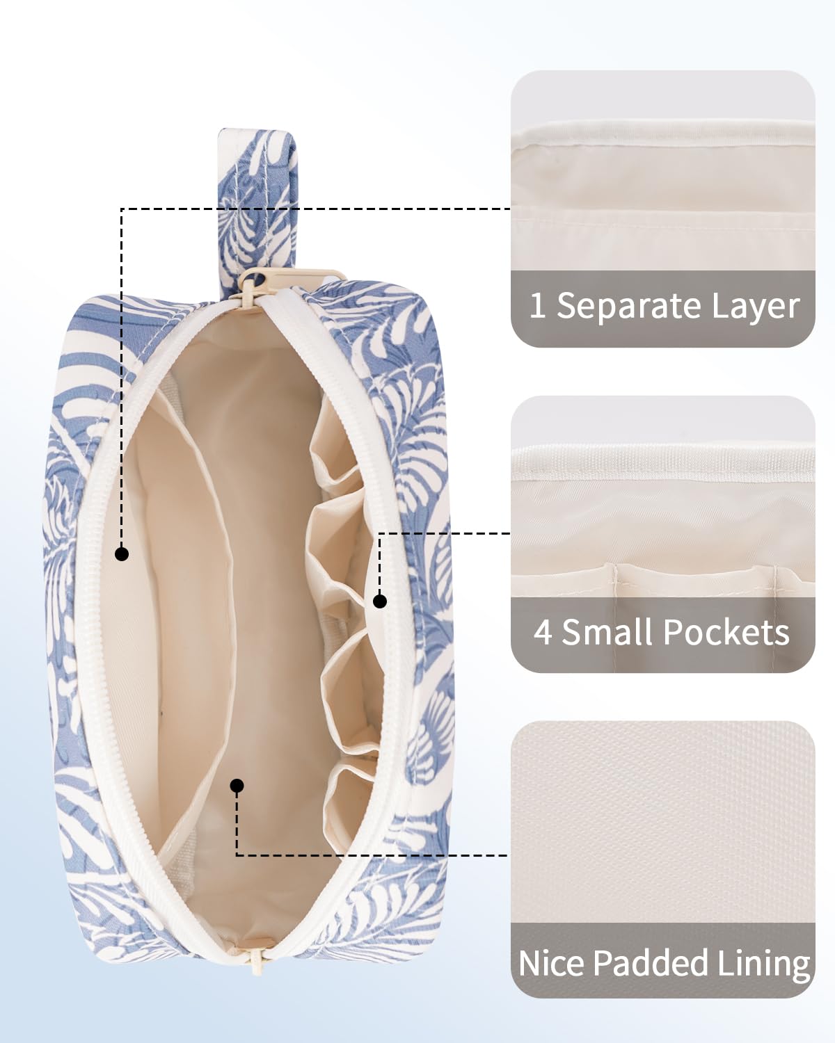 Narwey Small Cosmetic Bag for Women | Travel Mini Makeup Pouch with Zipper & Organized Pockets | Cute Purse Organizer for Cosmetics, Toiletries & Jewelry | Perfect for Travel, Daily Use & Gift Giving (Blue Leaf Design)