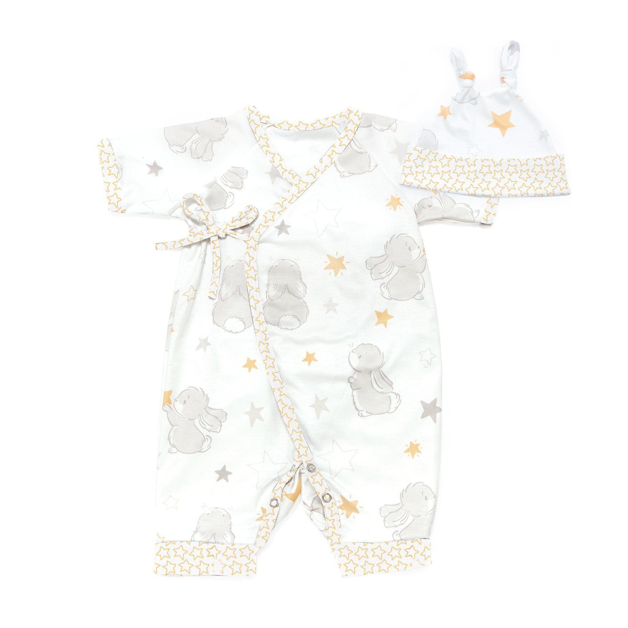 Bloom Bunny Kimono Romper and Hat Set for Baby Girls - Soft Cotton Outfit with Matching Hat - Perfect for Photoshoots, Birthday Parties & Special Occasions