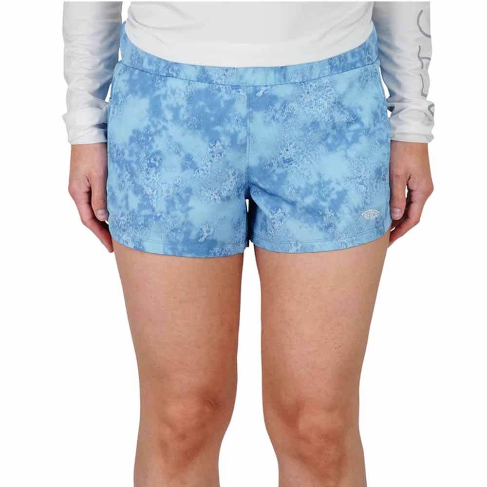 Aftco Airy Blue Acid Camo Impact Tactical Women's Shorts - Lightweight Quick-Dry Fishing & Outdoor Activewear for Hiking, Camping, and Water Sports
