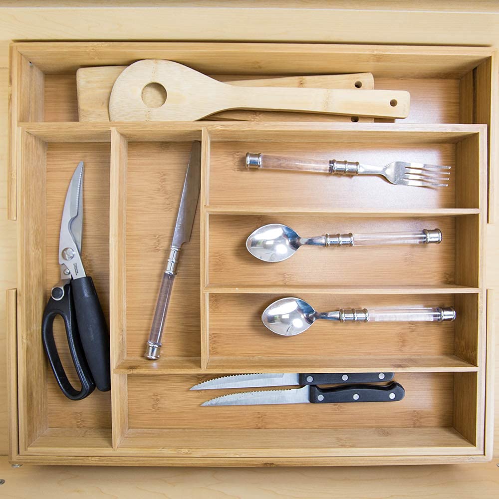 Expandable Bamboo Drawer Organizer with 8 Adjustable Compartments - Kitchen Utensil Tray, Cutlery Holder for Craft, Sewing, Office & Bathroom Storage - Perfect for Organizing Spices, Makeup, Office Supplies & Kitchen Tools