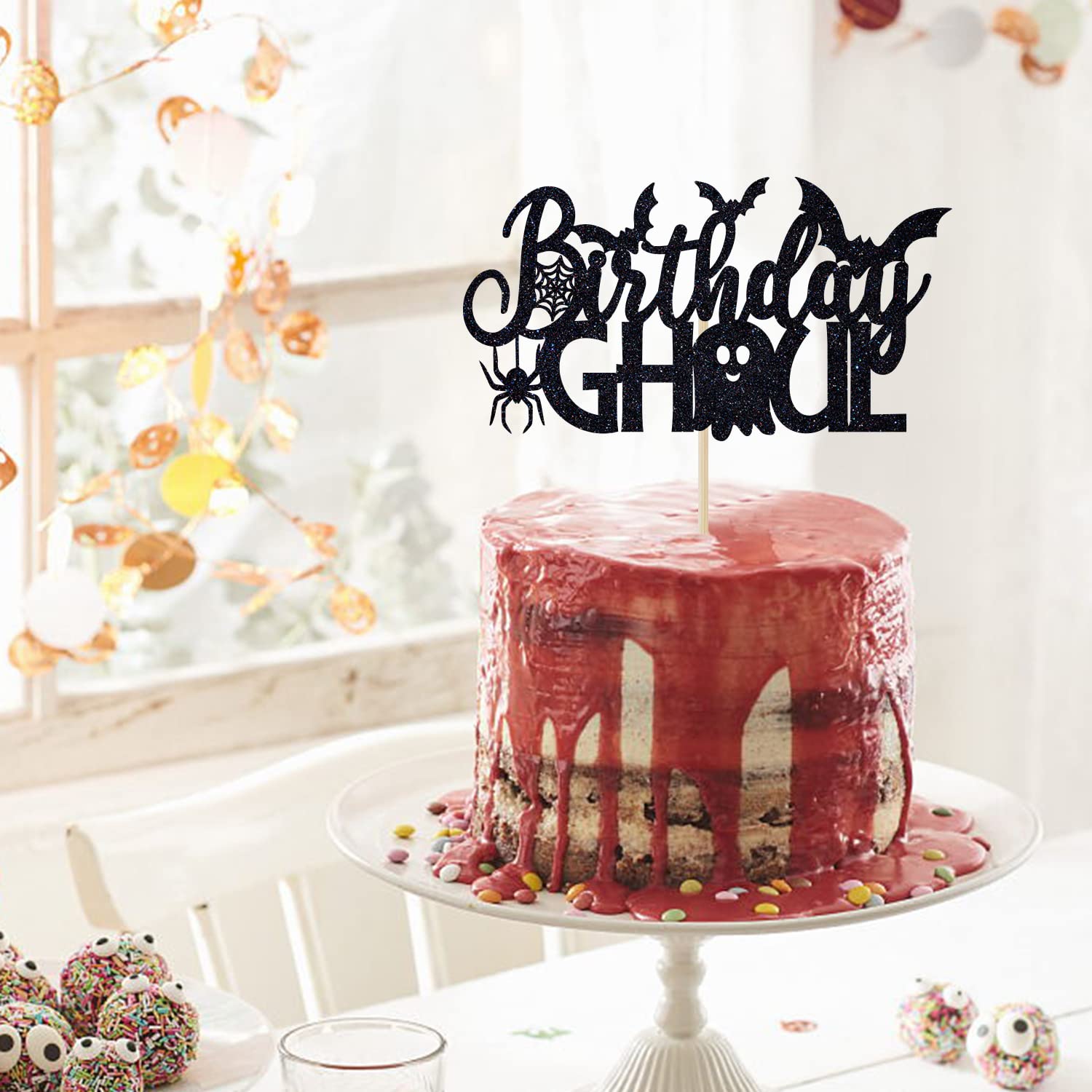 Black Glitter Birthday Ghoul Cake Topper - Happy Halloween Ghost Cake Decor for Birthday Parties, Halloween Celebrations & Spooky Themed Events - Perfect for Cake Decoration, Party Supplies & Festive Dessert Toppings