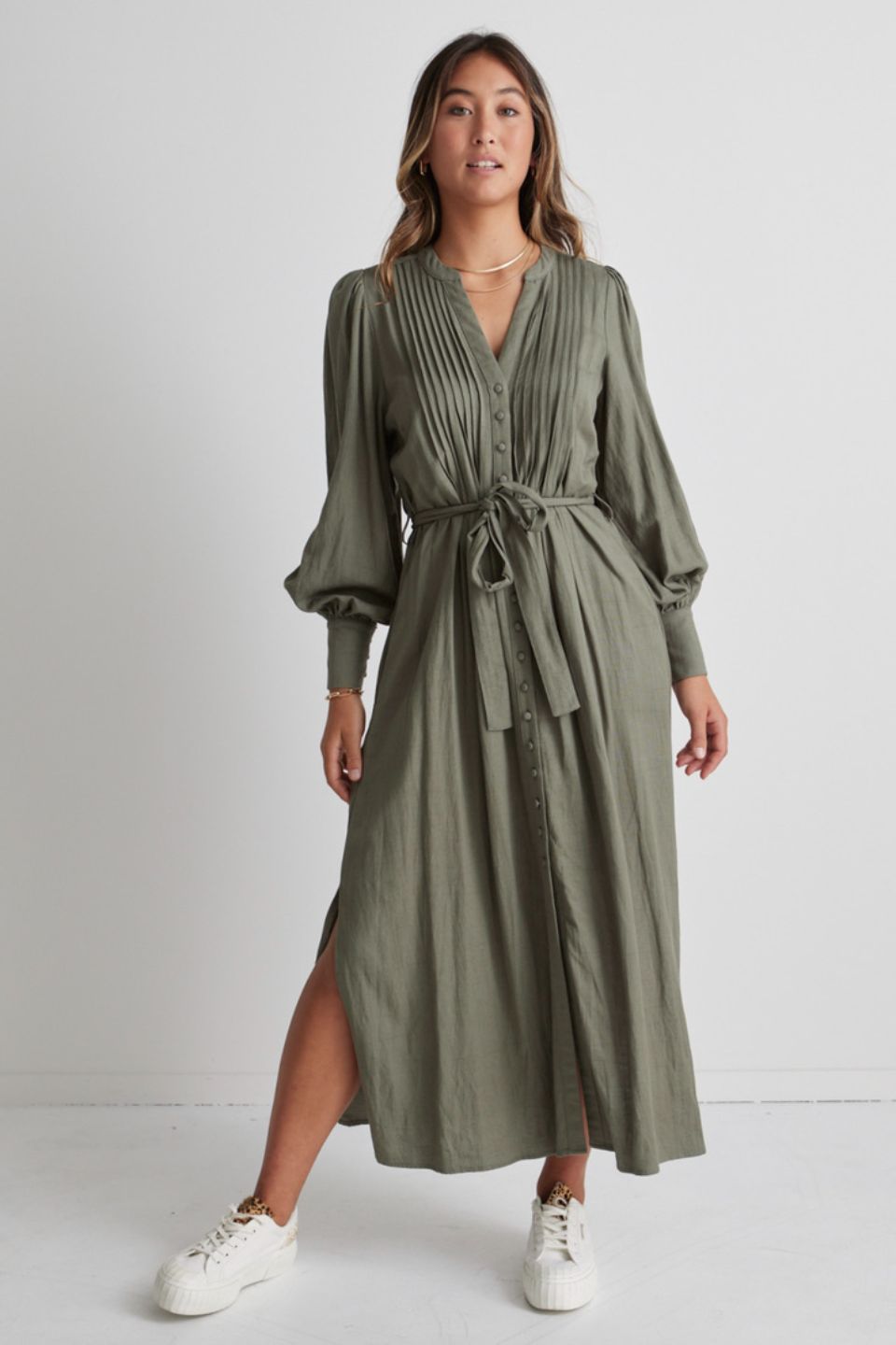 Guardian Soft Khaki Puff Sleeve Pintuck Midi Shirt Dress for Women | Casual Office Wear & Spring Summer Outfits | Comfortable Stretch Cotton Blend Dress