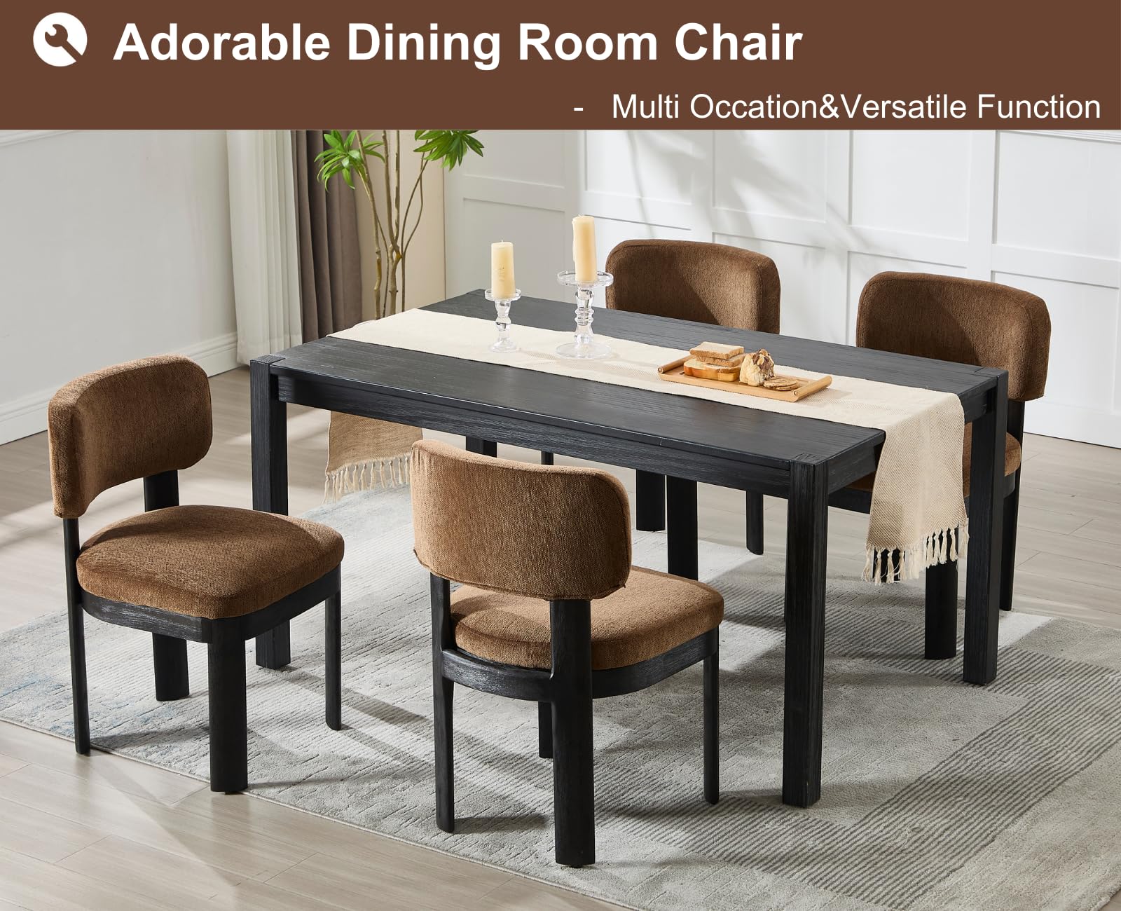 Mid Century Modern Dining Chairs Set of 2 - Brown Upholstered Wooden Farmhouse Kitchen Chairs, Armless Accent Side Chairs with Chenille Fabric for Dining Room & Living Room - Perfect for Home Decor, Kitchen Breakfast Nook, and Small Space Dining