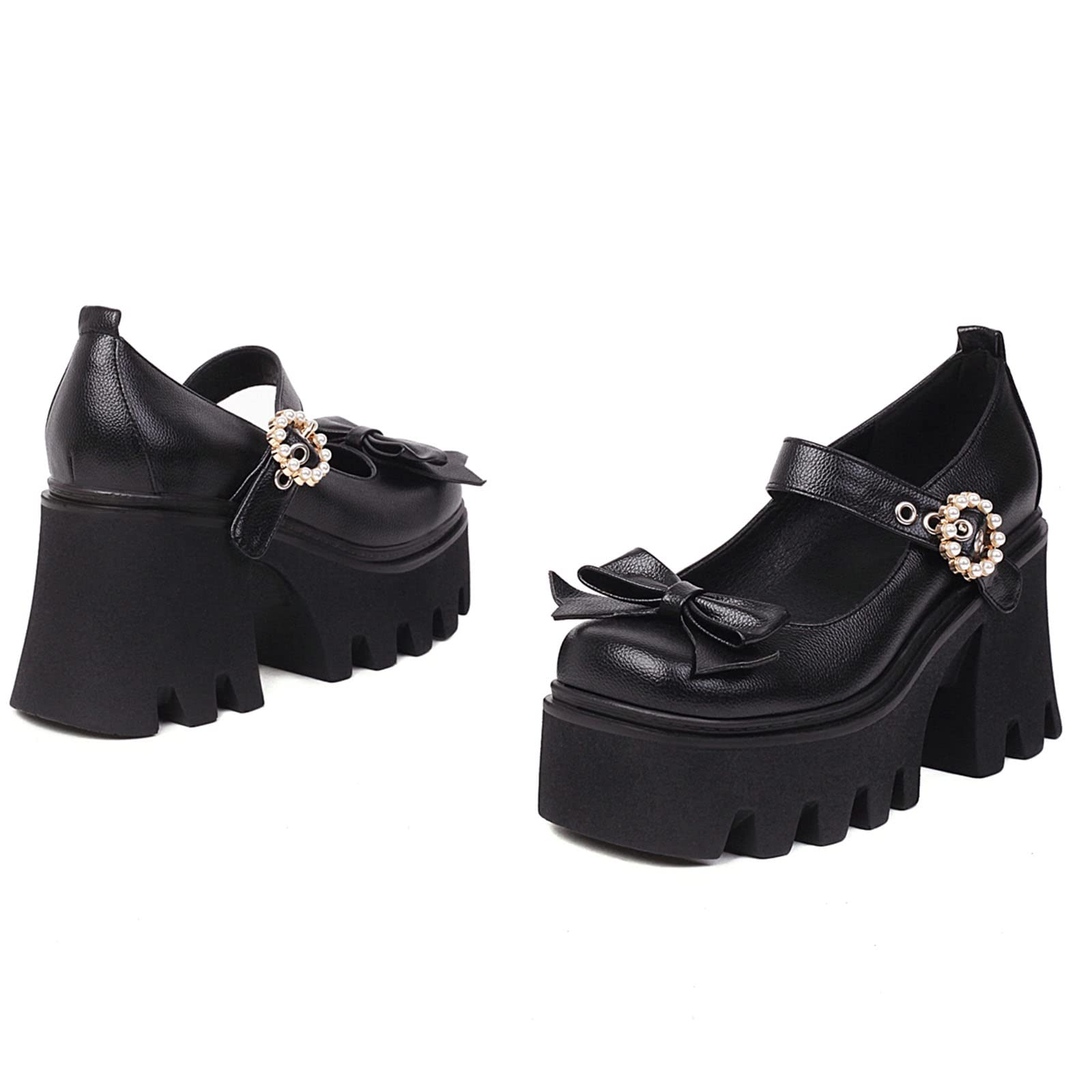 MeiLuSi Women's Chunky Heel Mary Jane Shoes - Gothic Bow Buckle Strap Pumps with Block Heel for Cosplay, Party & Vintage Fashion