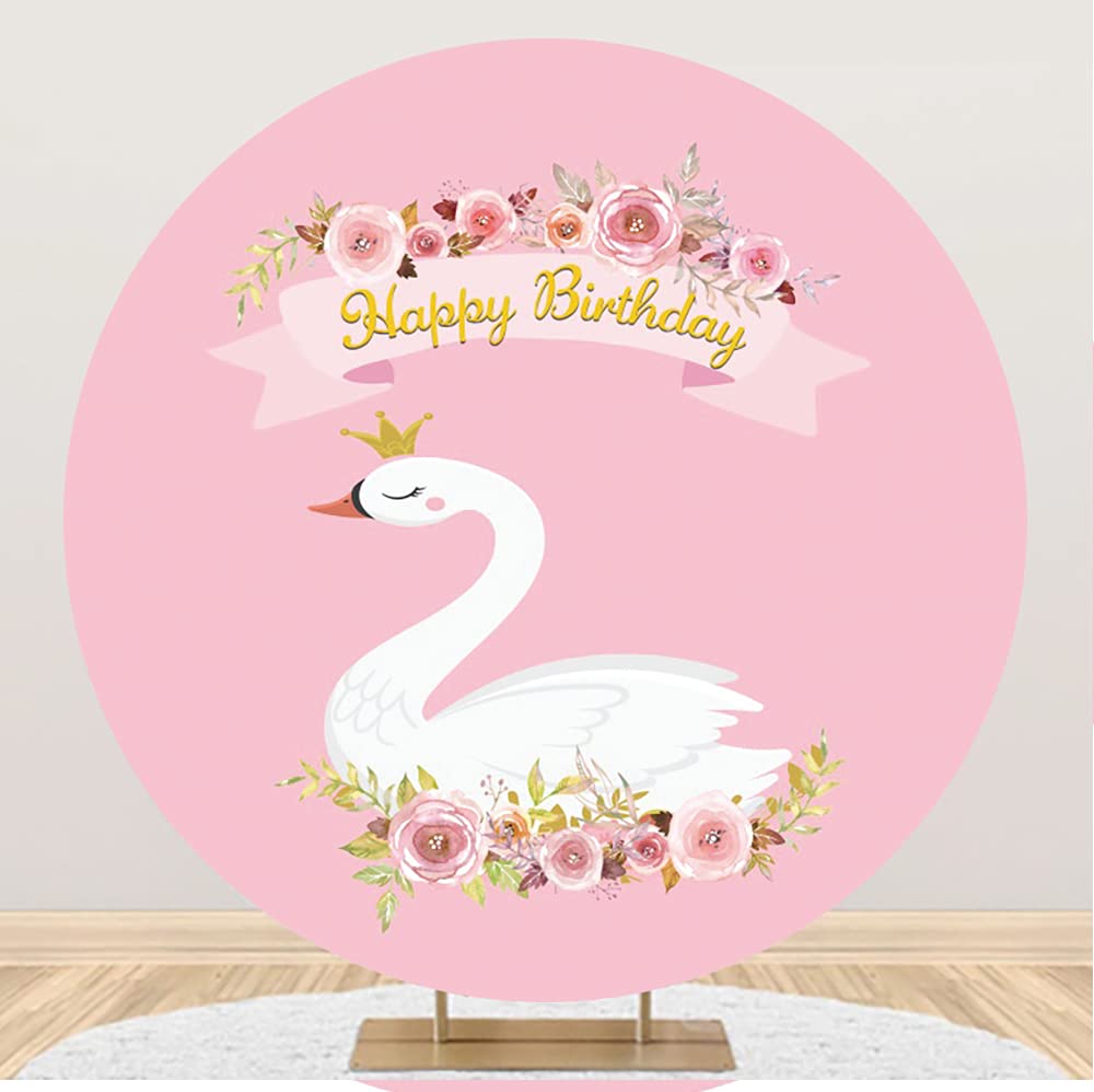 Elegant White Swan with Gold Crown Floral Backdrop - 7x7ft Polyester Round Birthday Banner for Girls 1st Bday Party, Cake Smash Photo Props, Baby Shower & Princess Theme Decor