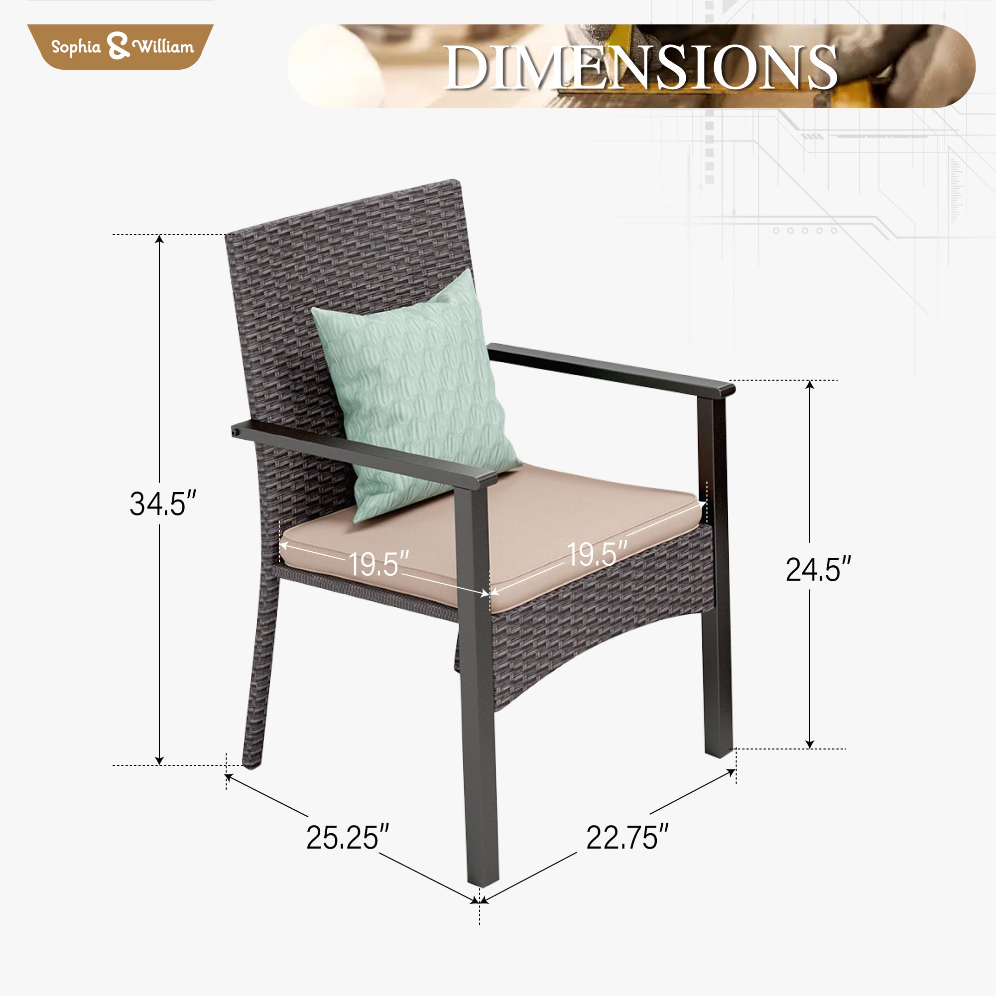 Sophia & William 2-Piece Patio Chair Set - Lightweight Rattan Outdoor Dining Chairs with All-Weather Wicker & Cushions - Perfect for Backyard, Garden, Poolside & Patio Relaxation