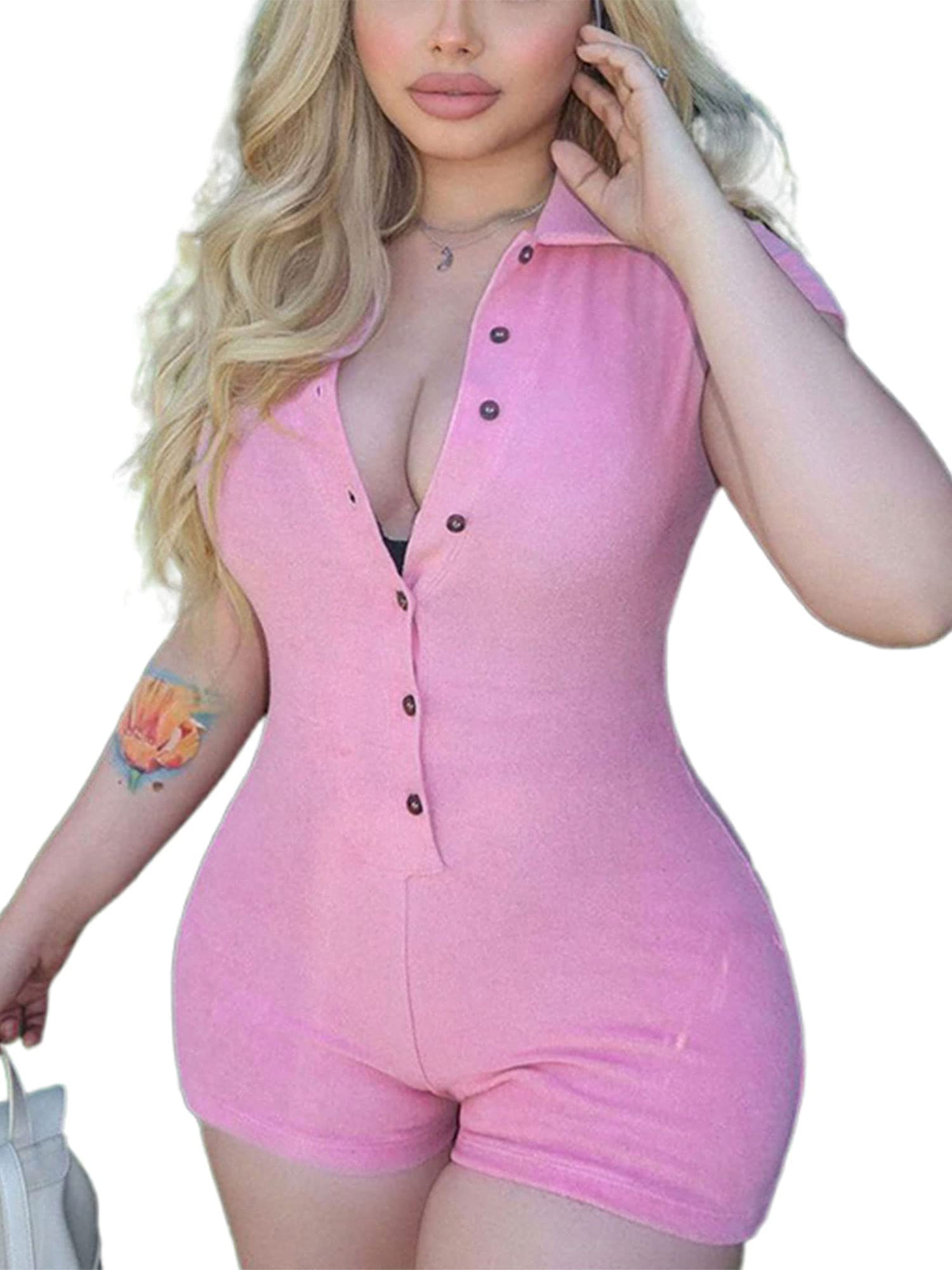 Achlibe Women's Jaded London Playsuit - Button Down Bodysuit, Tight Romper, Tank Top Yoga Jumpsuit with Shorts | Perfect for Yoga, Gym, Beach & Summer Outfits