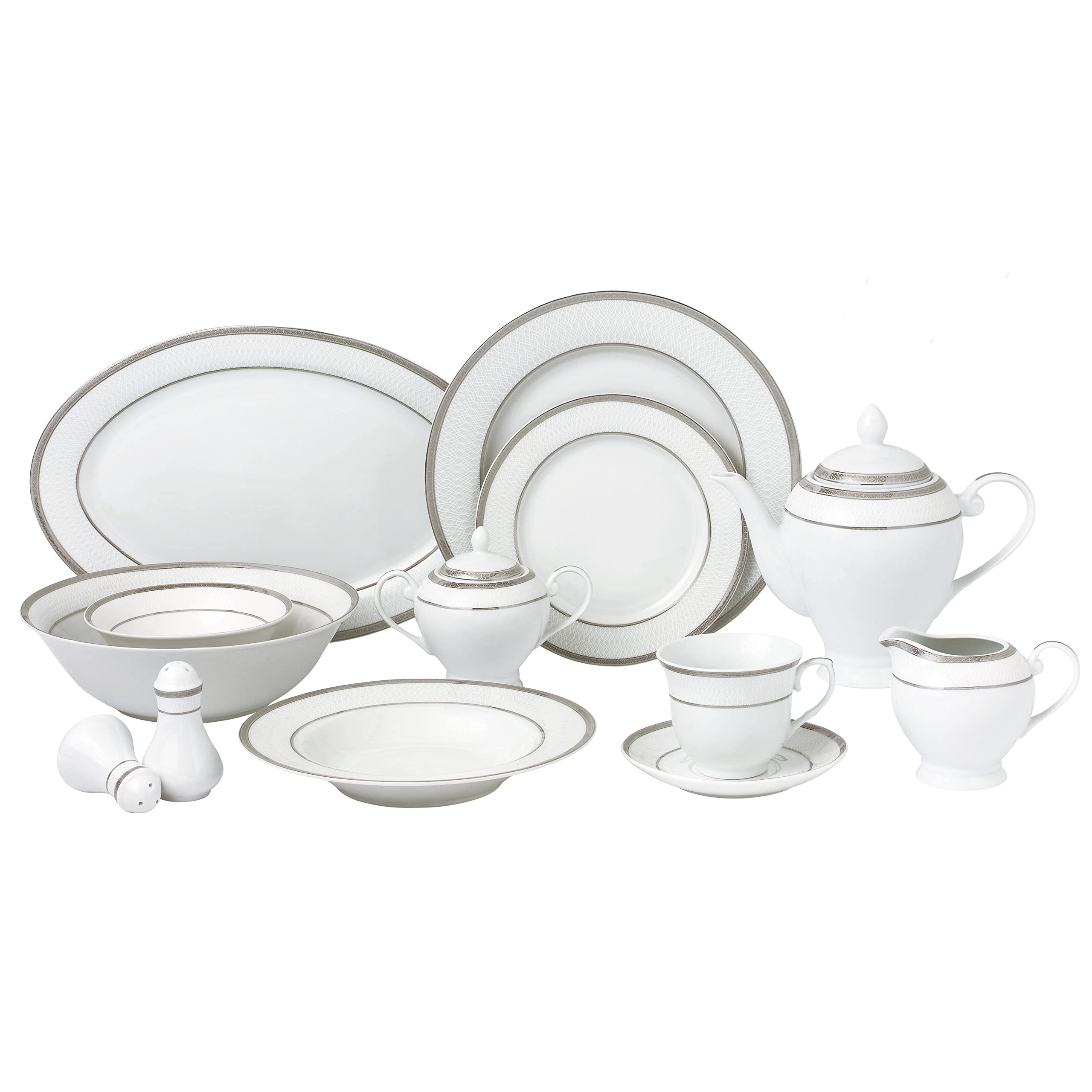 57-Piece Elegant Porcelain Dinnerware Set for 8 - Ashley Collection with Silver Trim | Perfect for Formal Dining, Dinner Parties & Holiday Entertaining