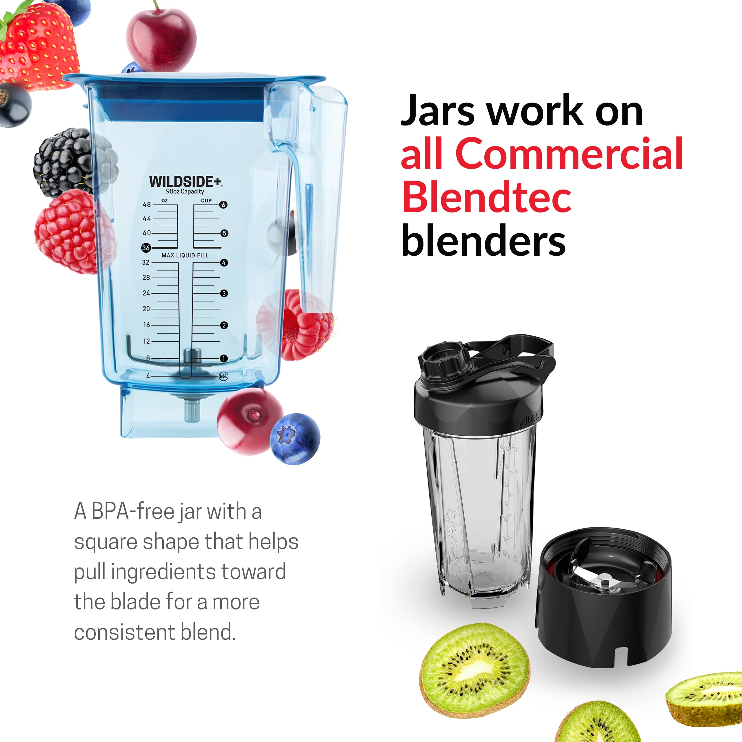 Blendtec 90 oz WildSide Commercial Blender Jar - 5-Sided Design Replacement Pitcher for Blendtec Blenders - 36 oz Blending Capacity - Blue - Perfect for Smoothies, Soups & Nut Butters