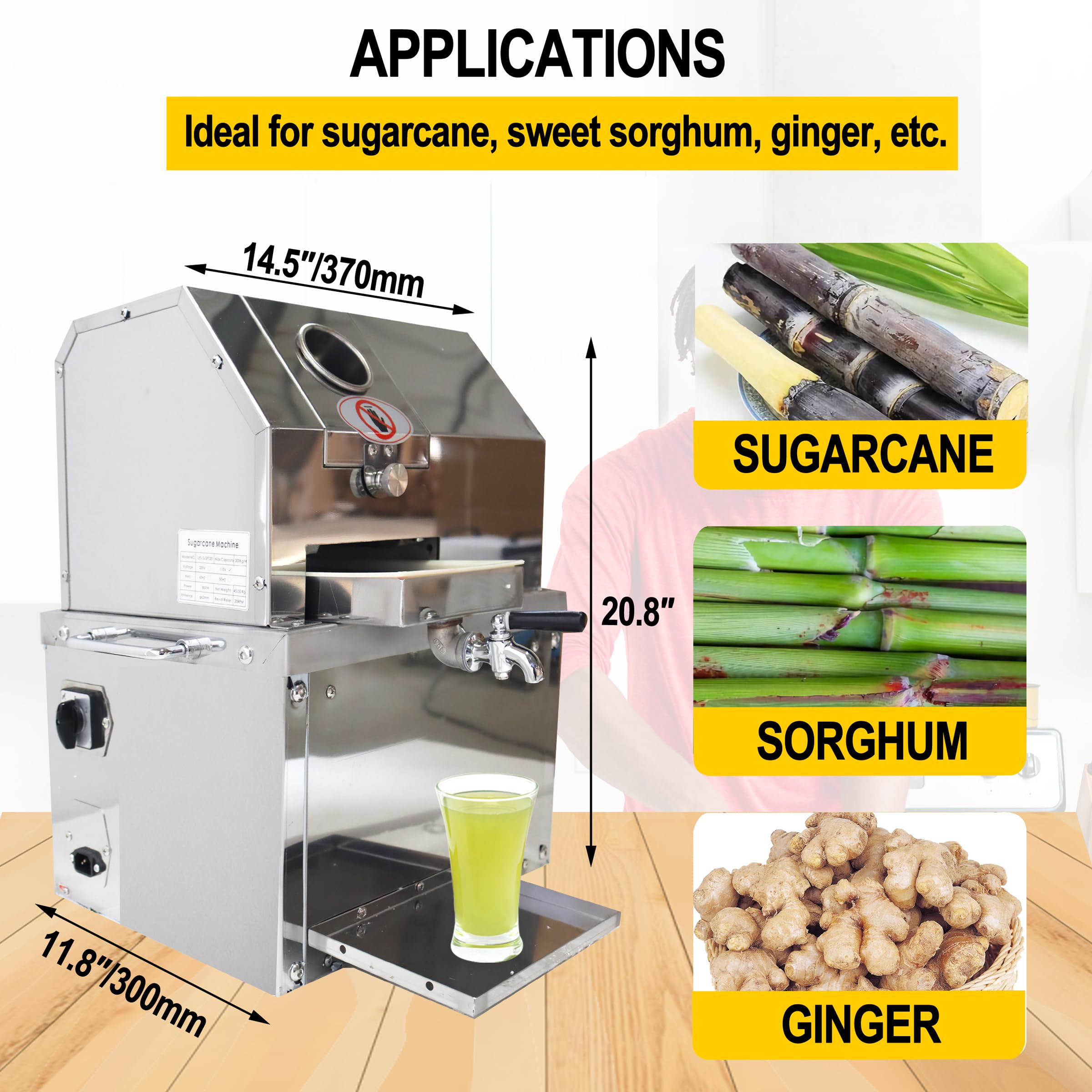 Electric Sugar Cane Juicer Machine - 110V Commercial Stainless Steel Sugarcane Press Extractor with 3 Rollers & Openable Top Cover | Perfect for Juice Bars, Restaurants, and Home Use | Sweet Sorghum Juice Extraction