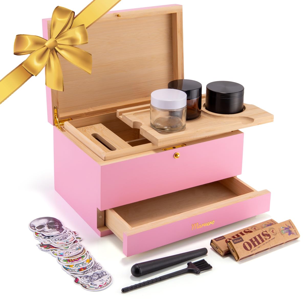 Premium Bamboo Stash Box with Lock - Smell Proof Storage Container with Rolling Tray, Glass Jar & Grid - Decorative Organizer for Herbs, Jewelry & Valuables - Perfect for Home, Travel & Discreet Storage (Pink)