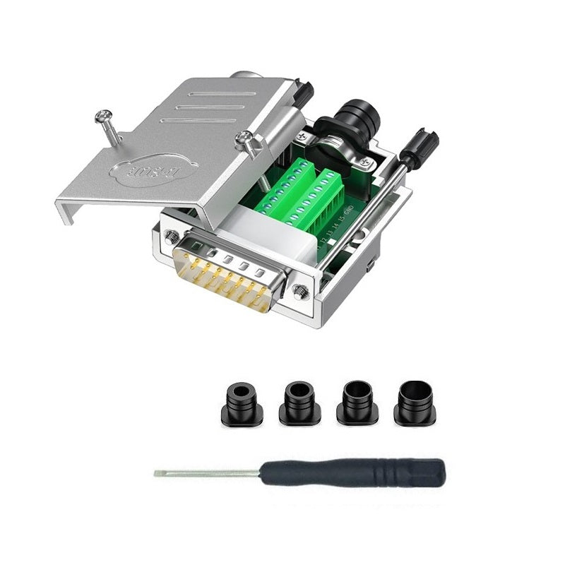 DB15 Male Solderless Shielded Metal Hood Breakout Connector - RS232 D-Sub Serial Port Adapter for Industrial Automation & Computer Networking
