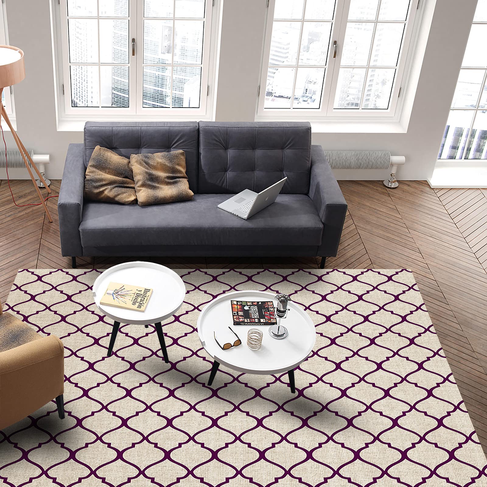 5' x 8' Large Moroccan Area Rug - Non-Slip Rectangular Rug for Living Room, Bedroom & Outdoor - Purple Burlap Textured Floor Mat | Boho Home Decor, Cozy Bedside Rug, Durable Carpet for High Traffic Areas
