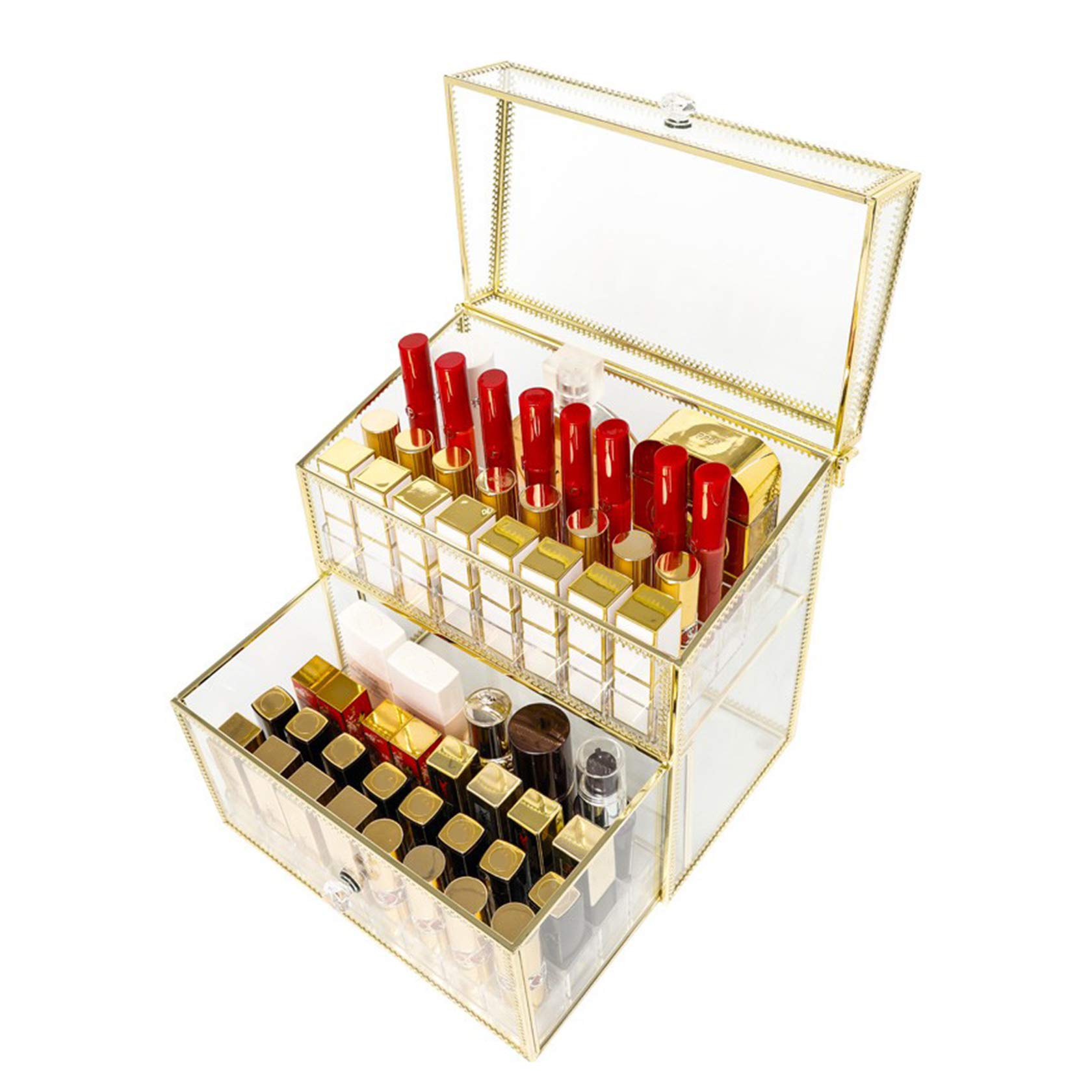 Vintage Glass Lipstick Holder with Chain - Elegant Makeup Organizer for Lipstick, Brushes, Bottles & Lip Gloss - Dust-Free Storage Solution | Perfect for Vanity, Travel & Gift Giving