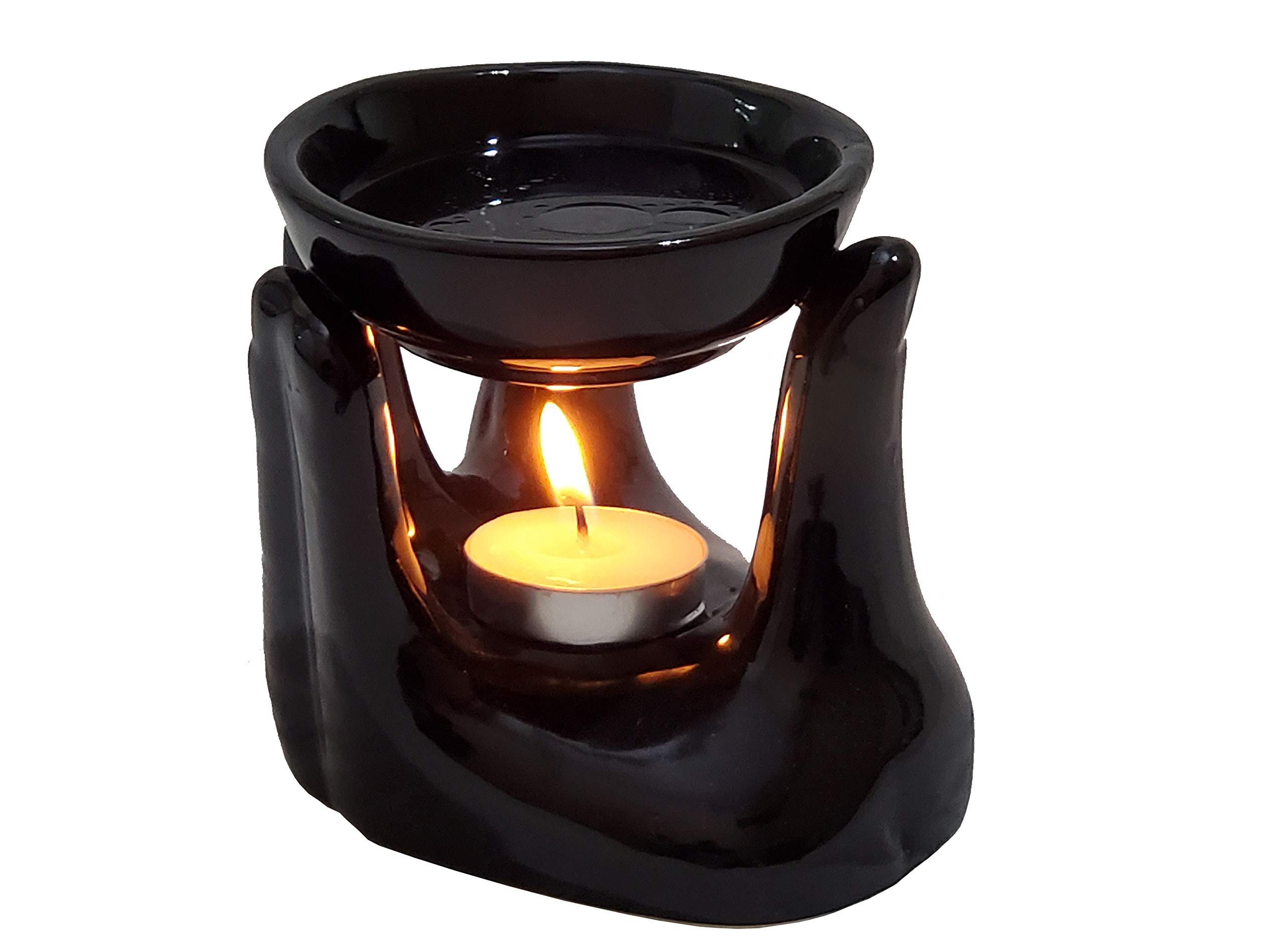 Pure Source India Porcelain Oil Burner with Tea Light Candle - Aromatherapy Diffuser for Home, Office, Yoga & Meditation (Black)