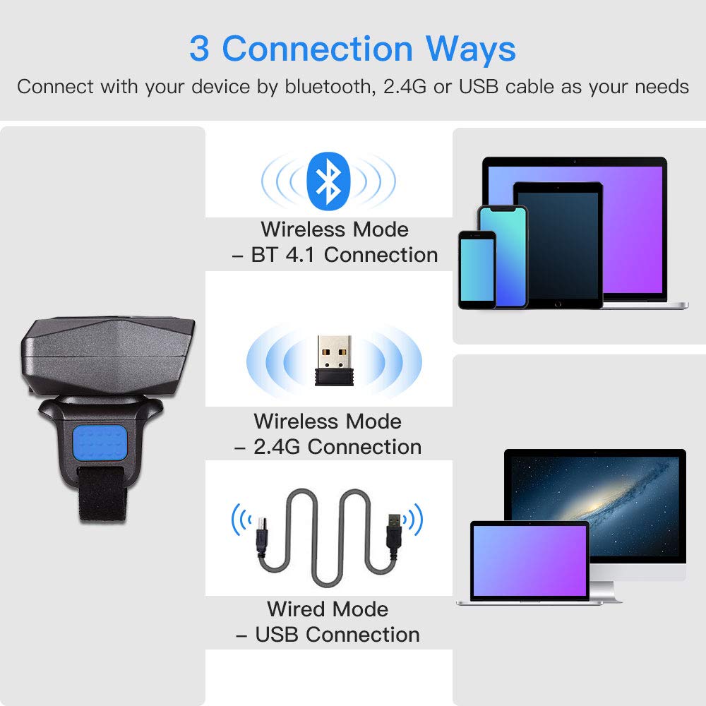 Eyoyo Upgraded 2D Ring Barcode Scanner - Bluetooth, USB Wired & 2.4G Wireless Wearable Mini Barcode Reader for 1D/2D QR Codes, Data Matrix, PDF417 - Compatible with iPhone, Android, Tablet, PC - Perfect for Retail, Warehouse, Inventory Management & Mobile POS Systems