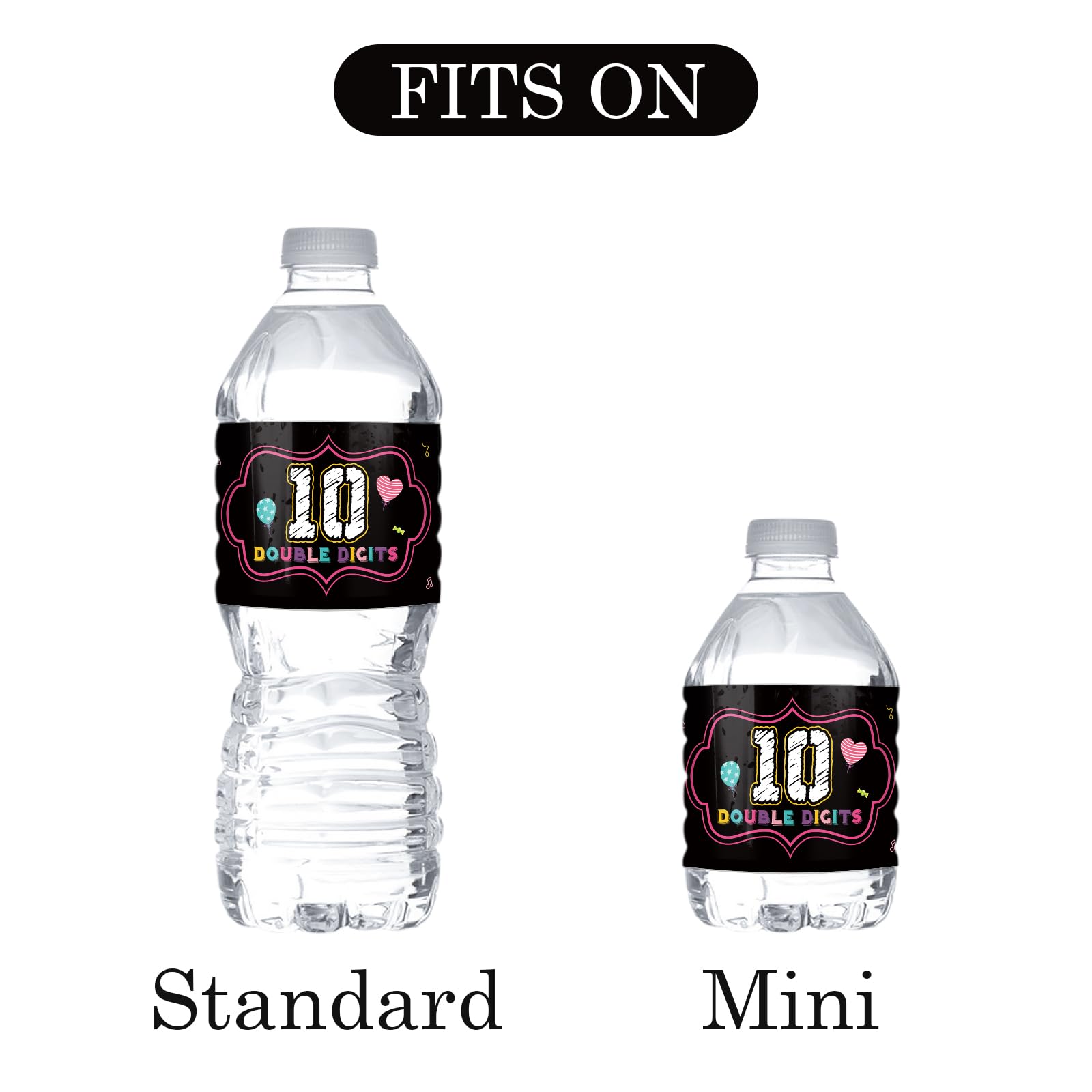 MonMon & Craft Double Digits 10 Water Bottle Labels Stickers - Happy 10th Birthday Party Decorations (Set of 32) - Perfect for Birthday Celebrations, School Events, and Baby Showers