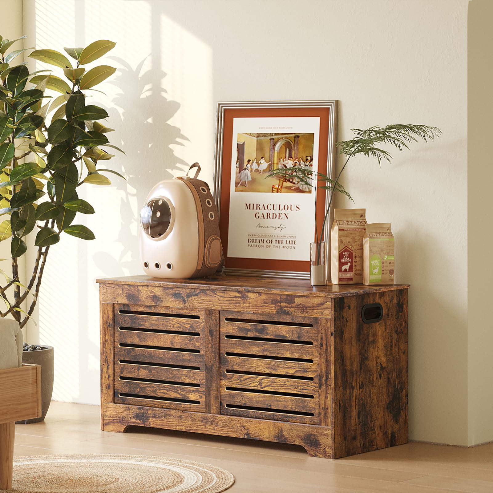 DINZI LVJ Flip-Top Wooden Storage Chest - Rustic Brown Toy Box with Safety Hinges | Entryway Shoe Bench & Living Room Storage Trunk | Easy Assembly for Bedroom, Nursery & Playroom Organization