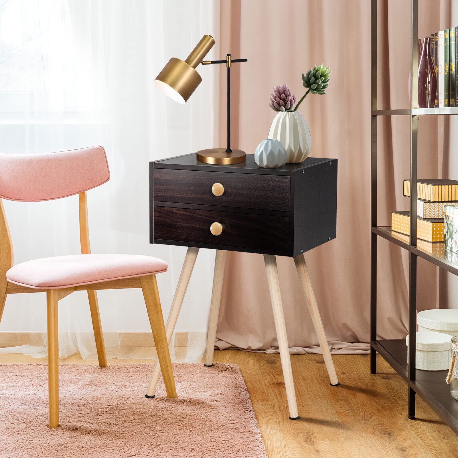 Mid Century Modern Nightstand with 2 Drawers & Solid Wood Legs - Compact Bedside Table for Small Spaces - Espresso Finish End Table for Bedroom & Living Room - Perfect for Storage & Home Decor
