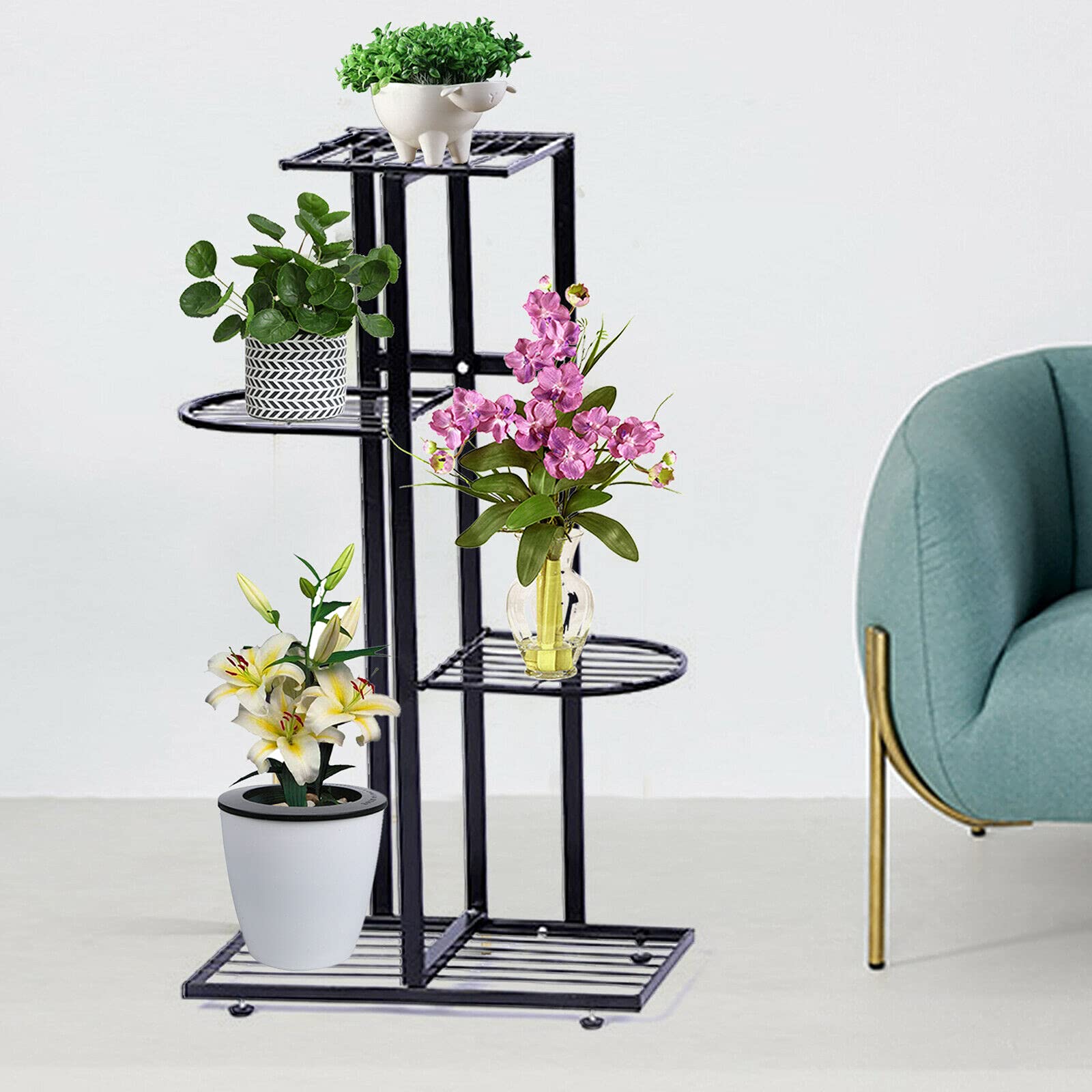 4-Tier Black Iron Garden Planter Stand - Heavy Duty Flower Pot Holder & Organizer for Indoor/Outdoor Plants, Balcony, Patio, and Home Decor