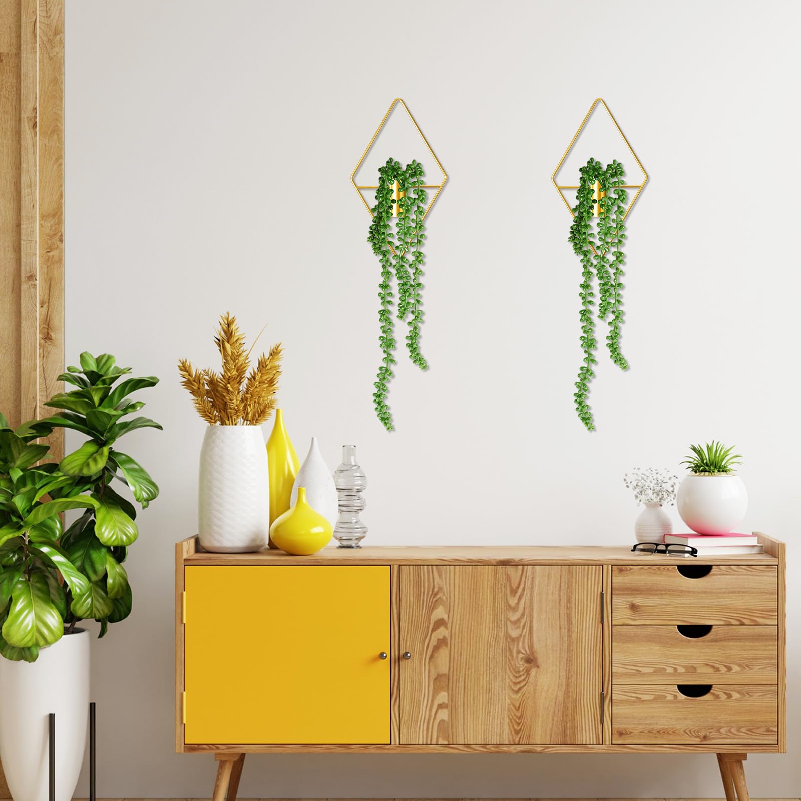 Jexine 2 Pack Boho Wall Decor Gold Hanging Planters with Artificial Succulent Plants - Metal Wall Art for Home Decor Display in Bedroom, Bathroom & Living Room - Perfect for Bohemian Style Interior Design and Small Space Decorating