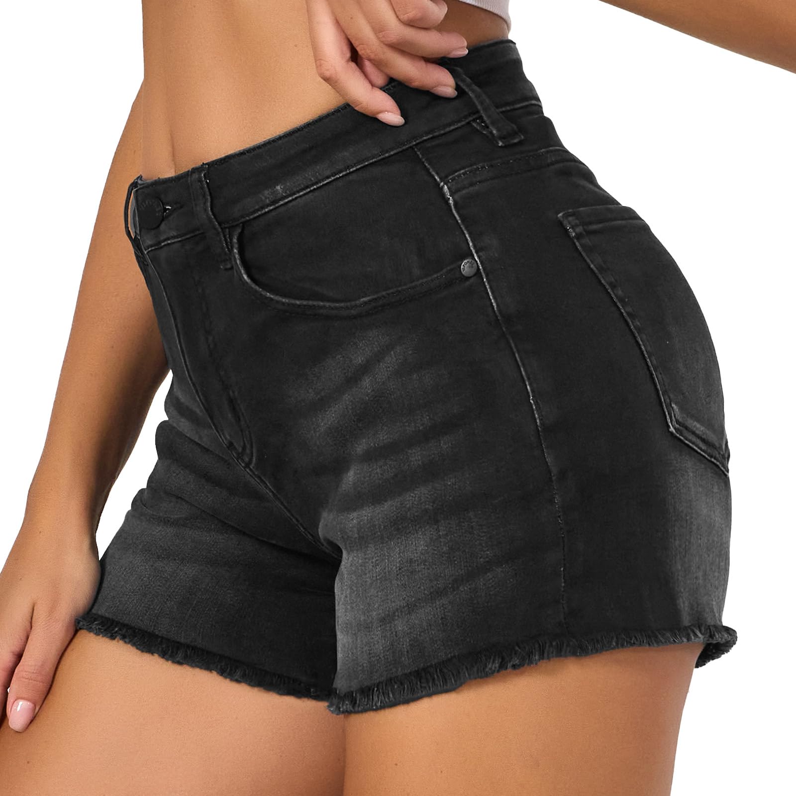 VIPONES Women's Mid Rise Stretchy Denim Shorts - Frayed Raw Hem Casual Summer Jeans Shorts for Outfits, Beach & Travel