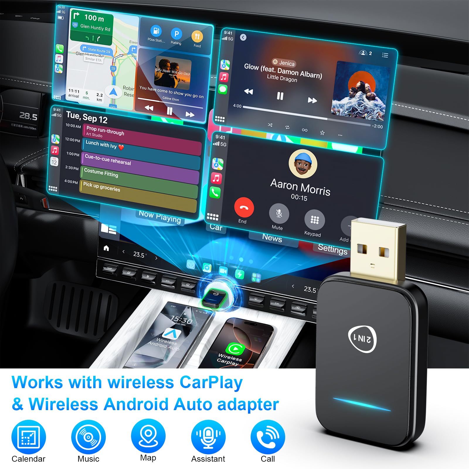 2 in 1 Wireless CarPlay & Android Auto Adapter - 2025 Mini Upgrade Plug & Play for iPhone & Android - Convert Wired to Wireless CarPlay - Auto Connect for Cars 2016+ - Perfect for Commuting & Road Trips