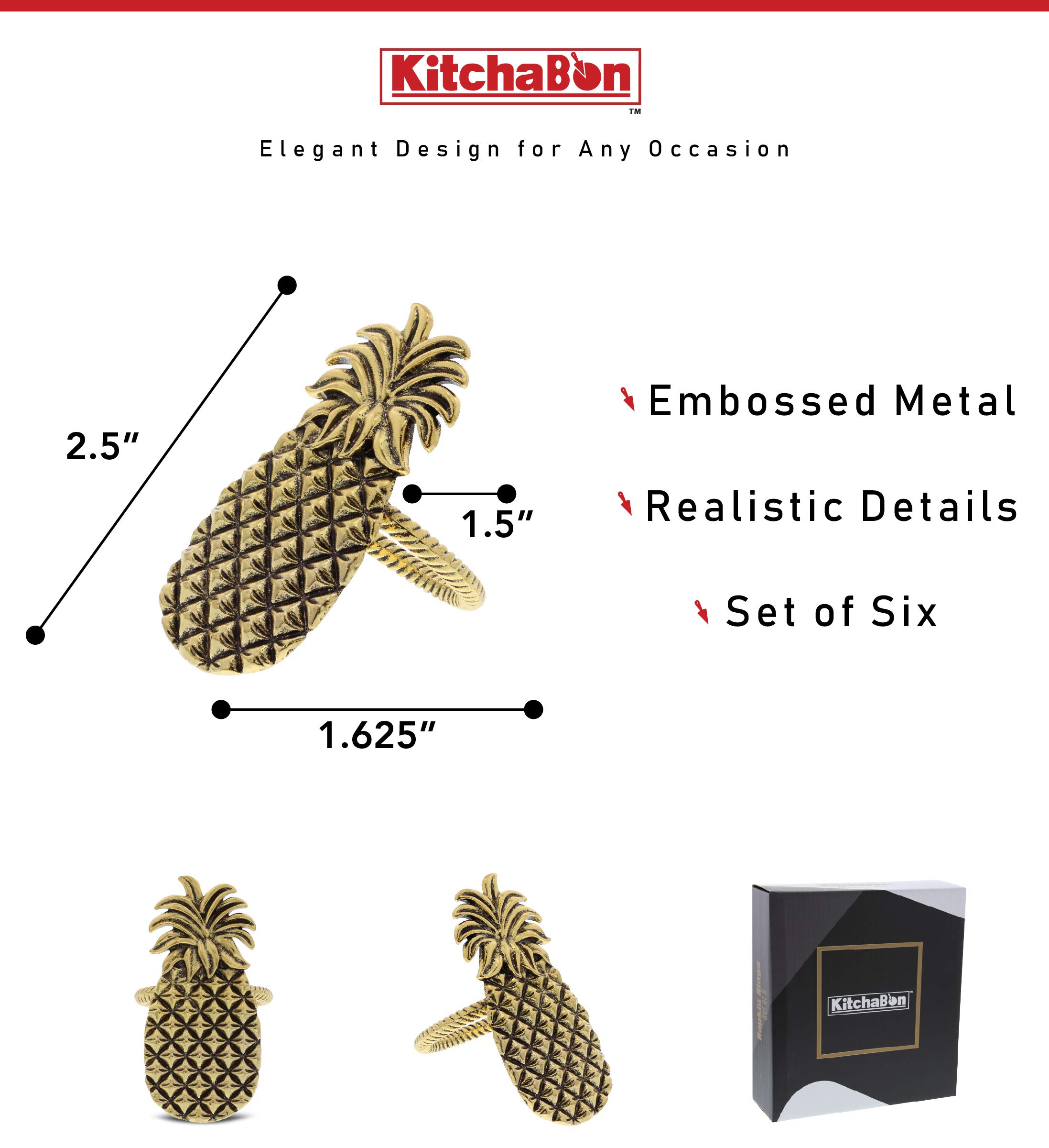 6 Pack Gold Napkin Rings - Elegant Table Decor for Holiday Dinners, Weddings & Banquets - Pineapple Design Napkin Holders for Reception Centerpieces & Family Gatherings