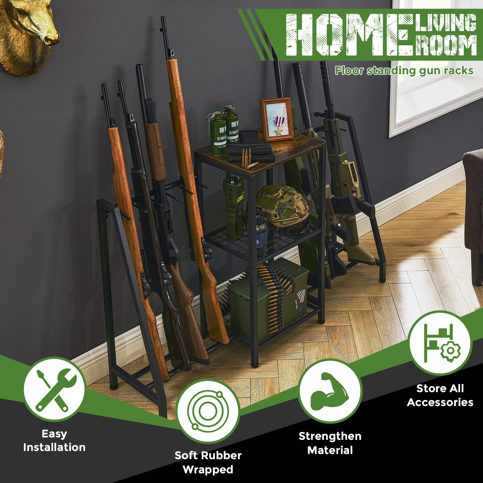 Heavy Duty Gun Rack - Rifle Storage Organizer for 10 Long Guns & Accessories | Indoor Standing Floor Shotgun Rack | Perfect for Hunting Range, Shooting Clubs & Home Security | Durable Gun Storage Solution for Firearm Enthusiasts