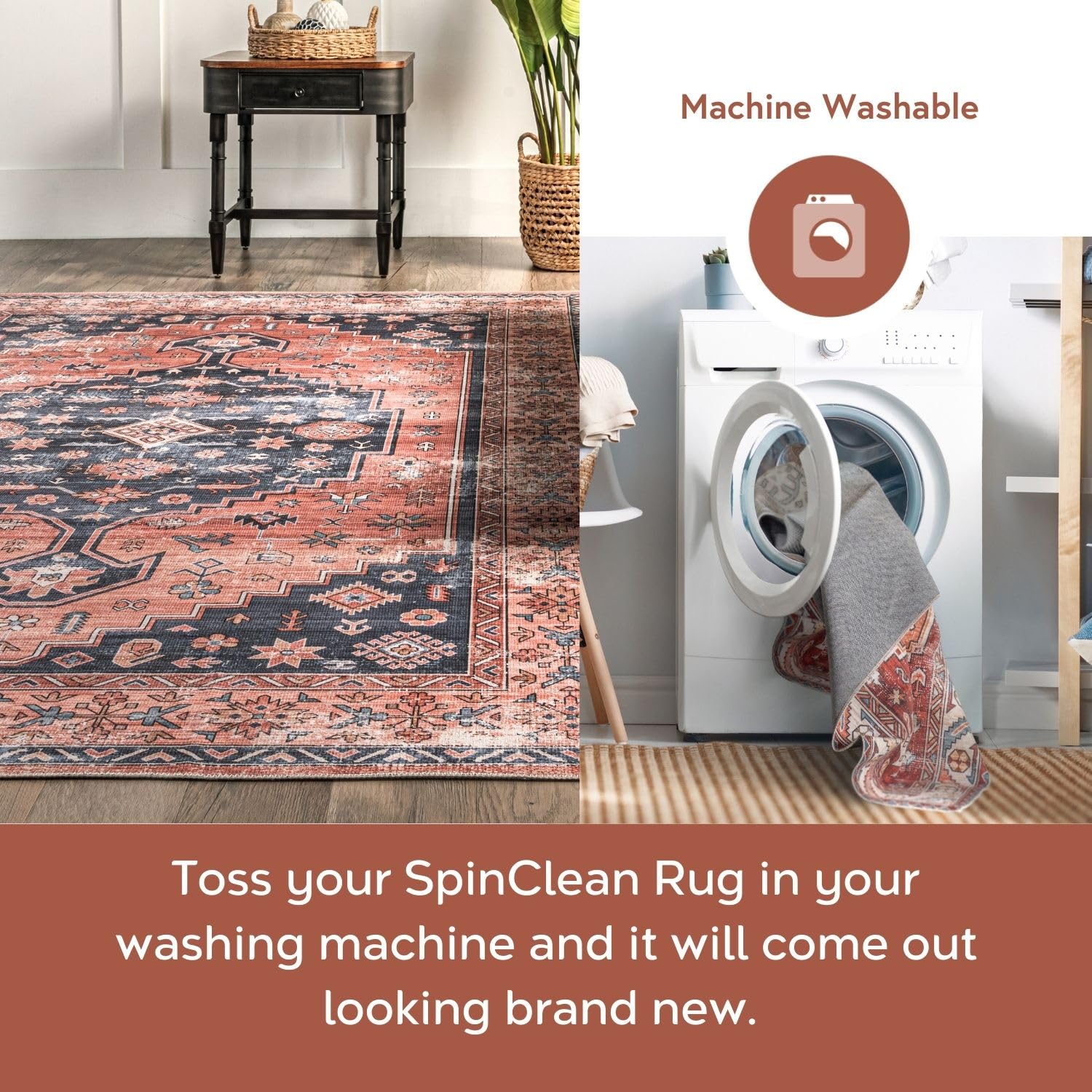 nuLOOM 5' x 8' Machine Washable Stain-Resistant Area Rug with Non-Slip Backing - Low Profile Soft Indoor Rug for Living Room, Bedroom & Dining Room - Brick Red - Perfect for High Traffic Areas & Pet-Friendly Homes