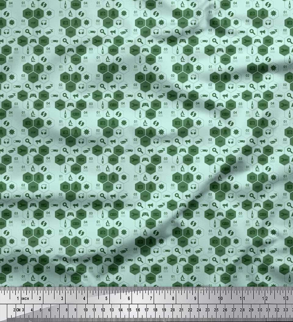 Soimoi 42 Inch Wide Poly Georgette Fabric - Green Printed with Camera, Headphones & Megaphone Design - Sold by The Yard - Perfect for DIY Fashion, Home Decor & Craft Projects