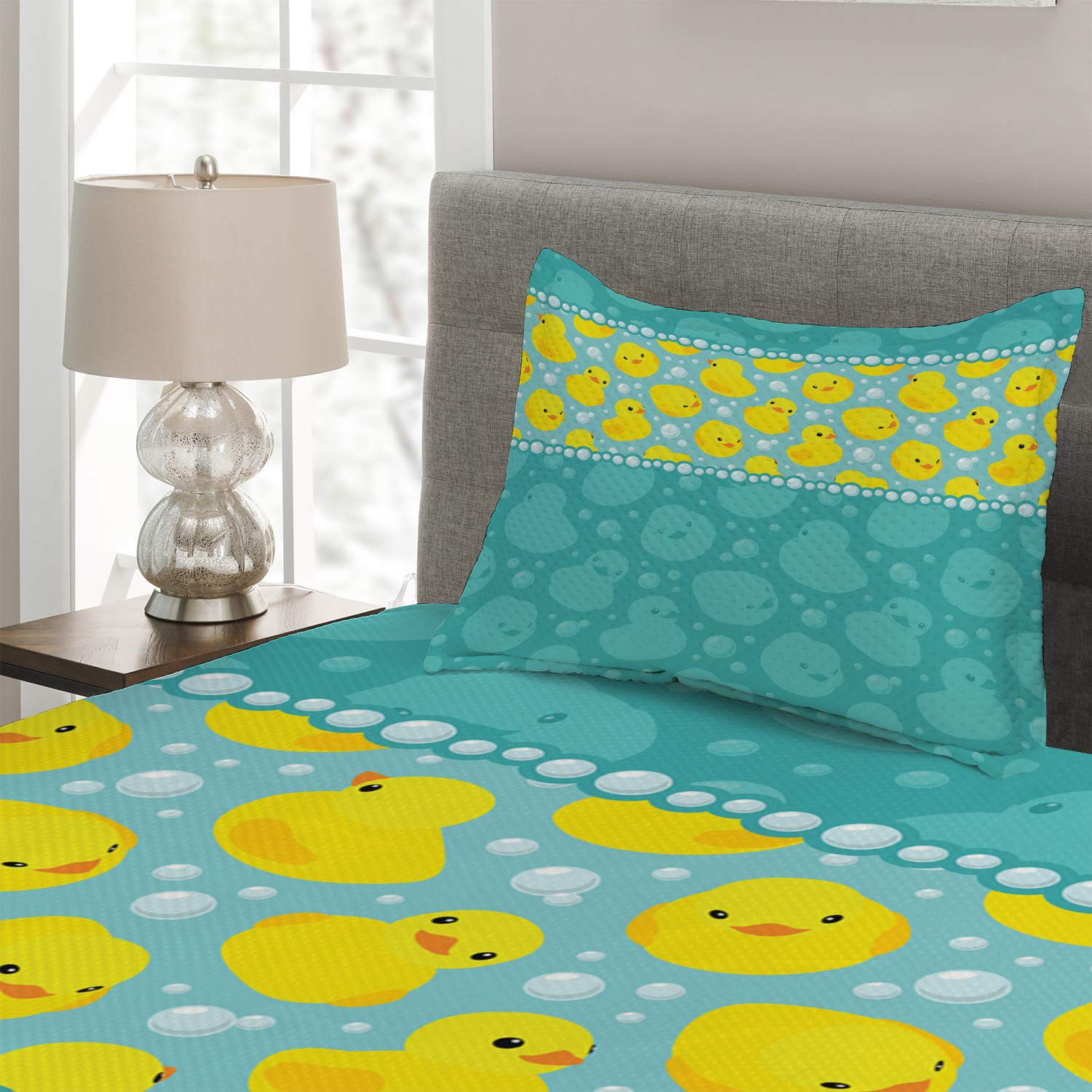 Ambesonne Rubber Duck Twin Size Bedspread Set - 2 Piece Quilted Coverlet with 1 Pillow Sham, Yellow Cartoon Duck Swimming Pattern with Bubbles in Aqua Teal Blue | Fun Kids Room Decor, Nursery Bedding, Bathroom Themed Bedroom Accessories