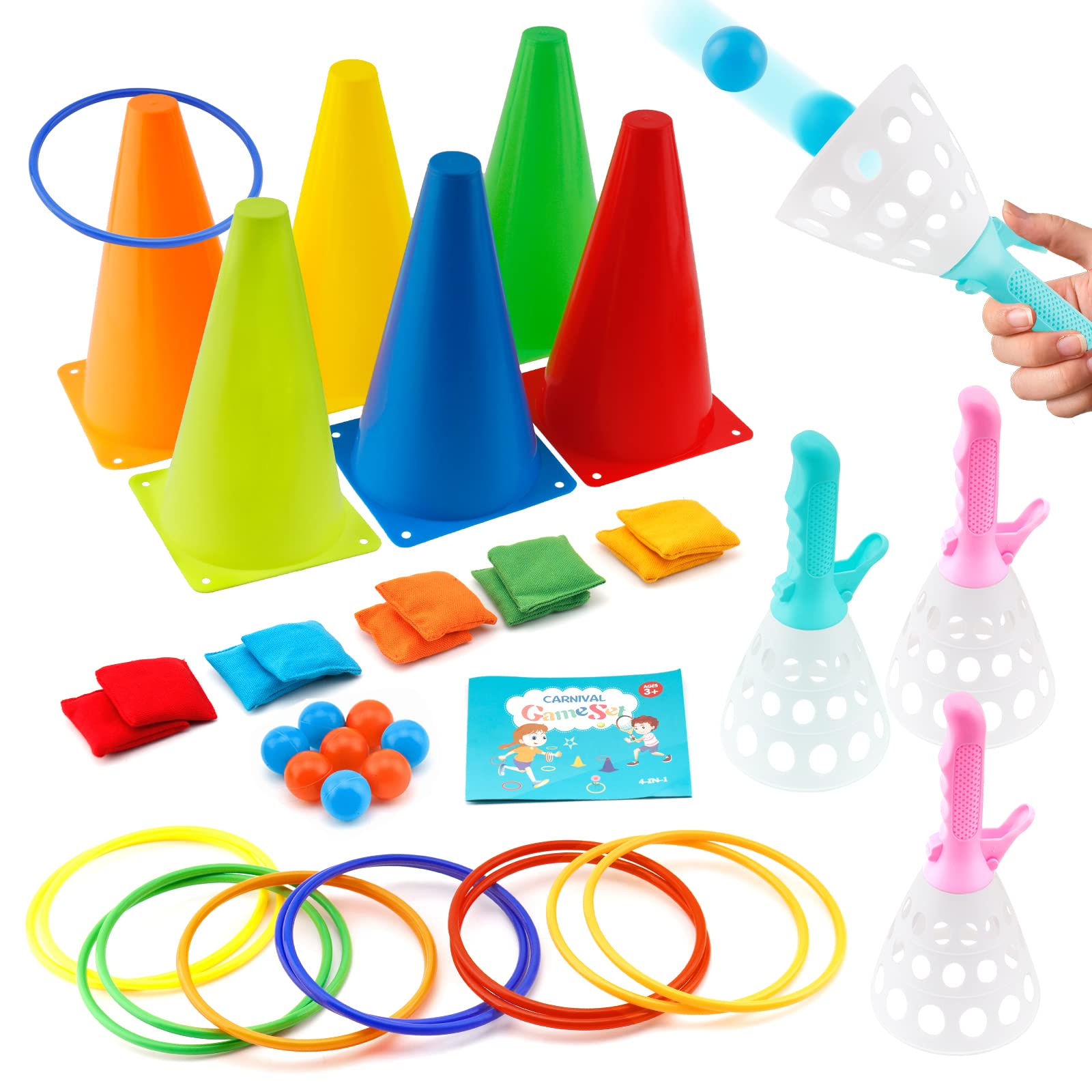 40-Piece 4-in-1 Outdoor Yard Games Set for Kids & Adults - Includes Pop & Catch Ball, Bean Bag Toss, Ring Toss & Soft Plastic Cone Games - Perfect for Backyard Parties, Camping Trips, Family Reunions & Indoor Play