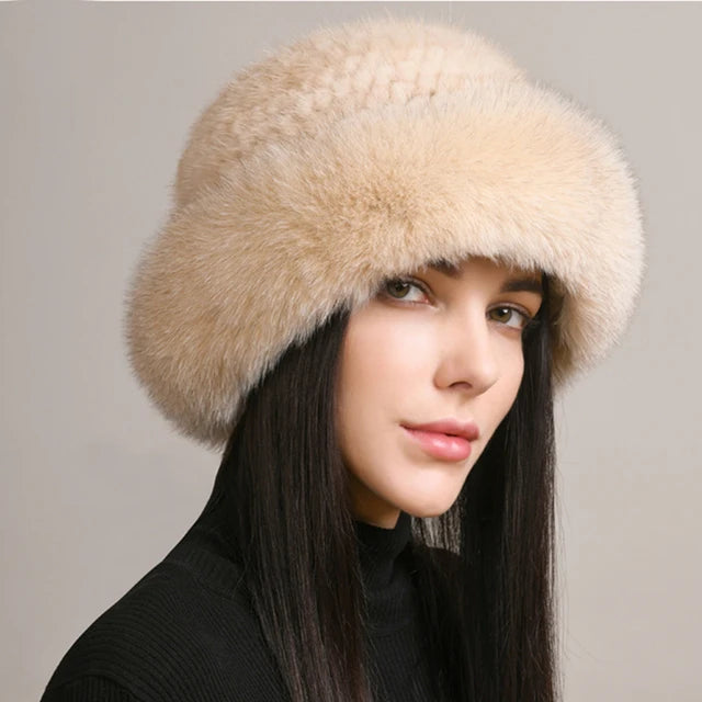 Luxury Handmade Knitted Mink Fur Hat with Real Fox Fur - Women's Winter Fashion Accessory for Cold Weather, Outdoor Activities & Holiday Gifts