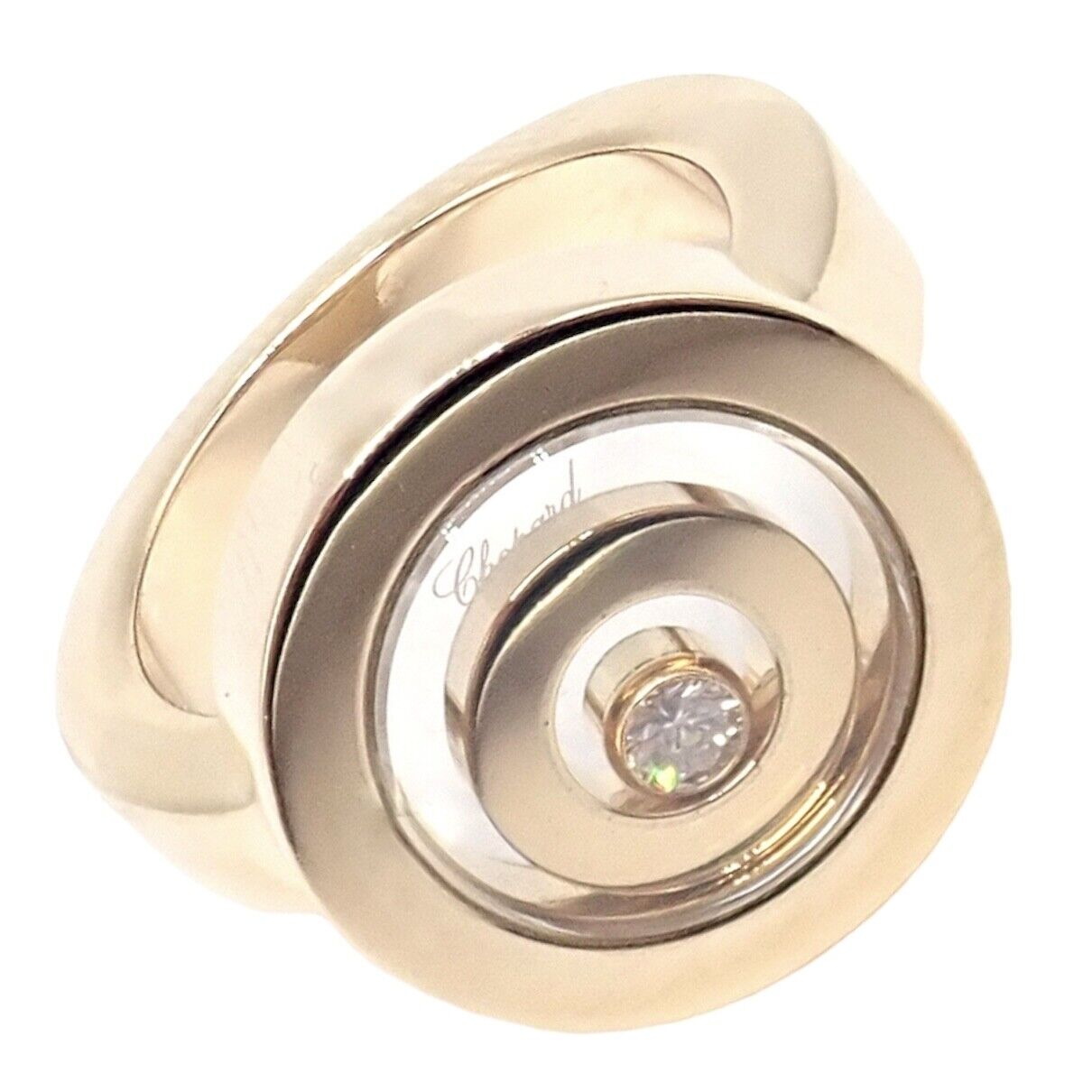 Authentic Chopard 18k Yellow Gold Diamond Double Circle Happy Spirit Ring - Luxury Jewelry for Women, Elegant Gift for Anniversary & Special Occasions