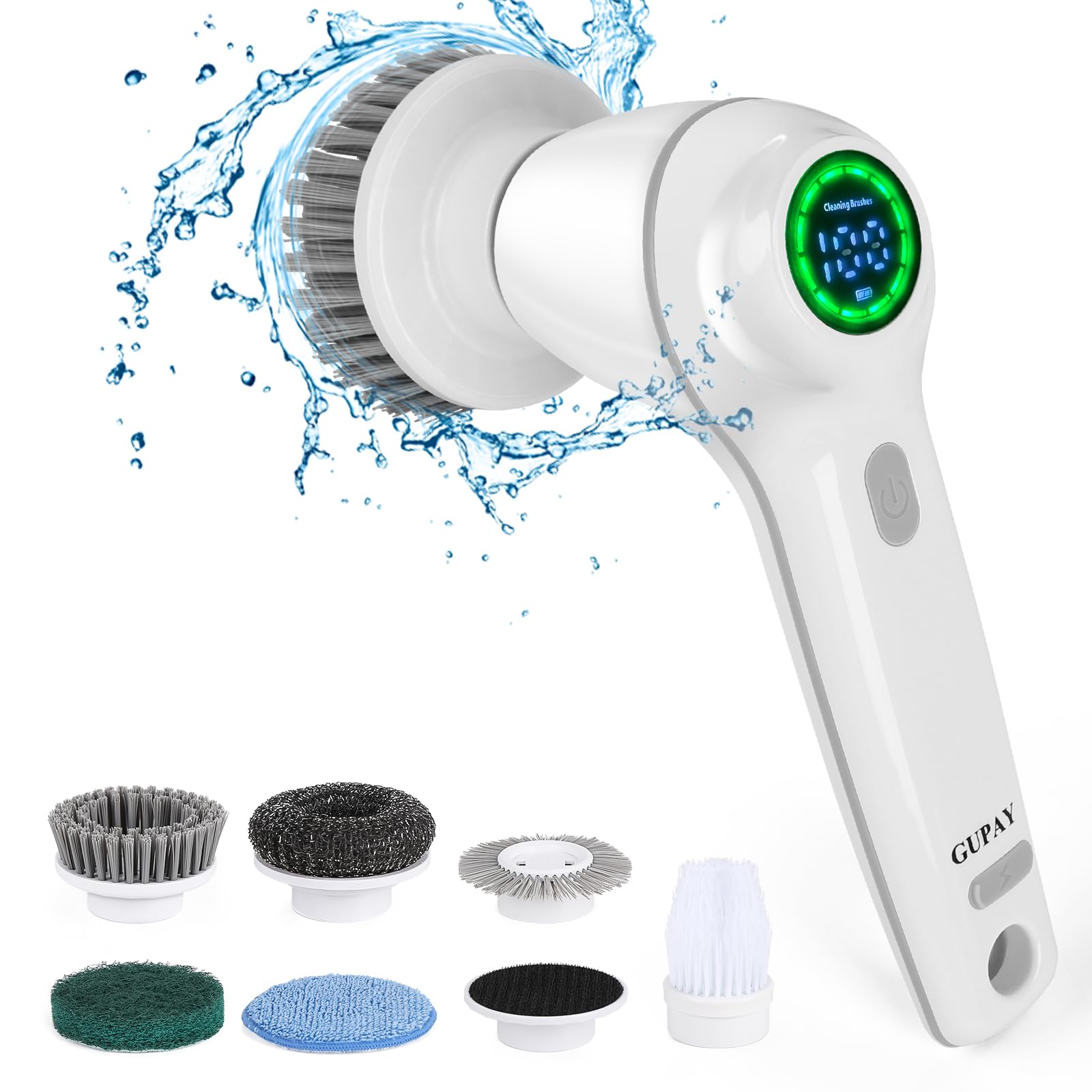 Cordless Electric Spin Scrubber with 6 Replaceable Heads & Battery Display - Powerful Shower, Bathroom, Sink & Window Cleaning Brush - Ideal for Tile Grout, Bathtub, Glass & Hard-to-Reach Areas