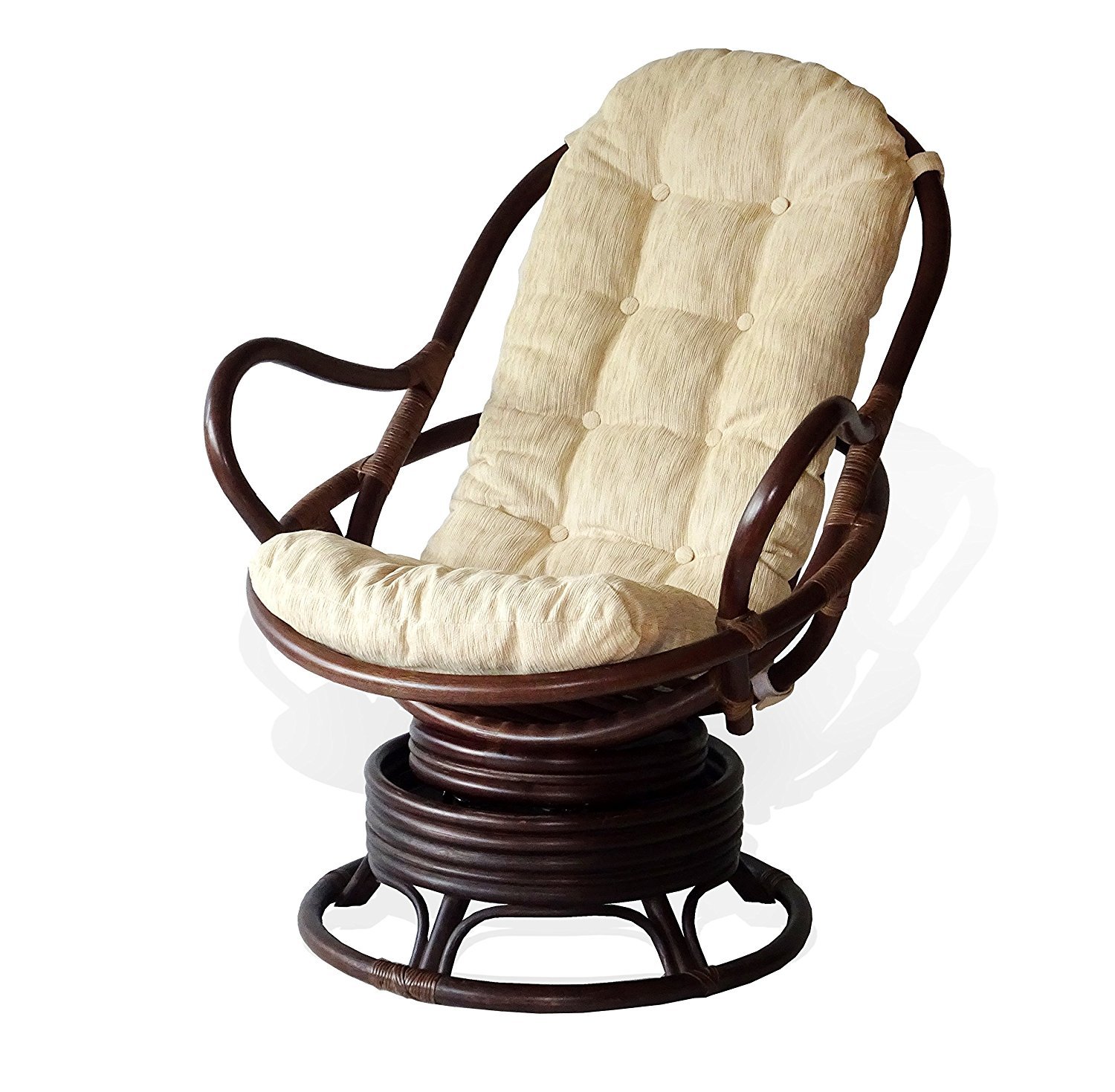 Natural Rattan Wicker Swivel Rocking Chair with Cream Cushion - Dark Brown Lounge Java Chair for Living Room, Patio, or Sunroom Relaxation