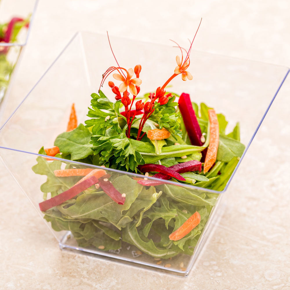100-Pack 16 oz Square Clear Plastic Kova Bowls with 100 Silver Mini Forks – Perfect for Party Serving, Catering, and Home Entertaining