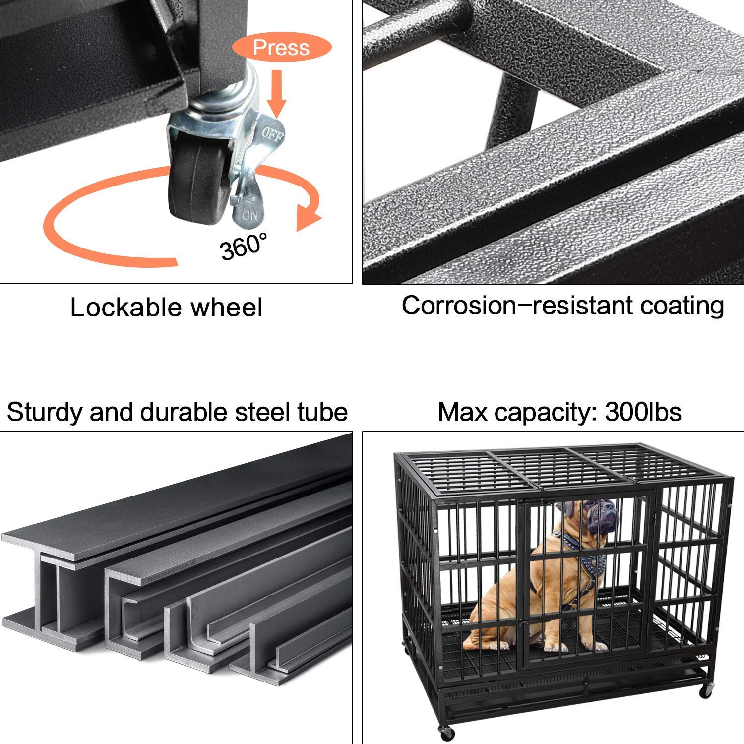 LEMBERI 42 Inch Heavy Duty Indestructible Dog Crate - Escape Proof Large Dog Kennel with Lockable Wheels & Removable Tray, High Anxiety Double Door Dog Cage for XL Breeds - Perfect for Indoor Use, Travel & Vet Visits