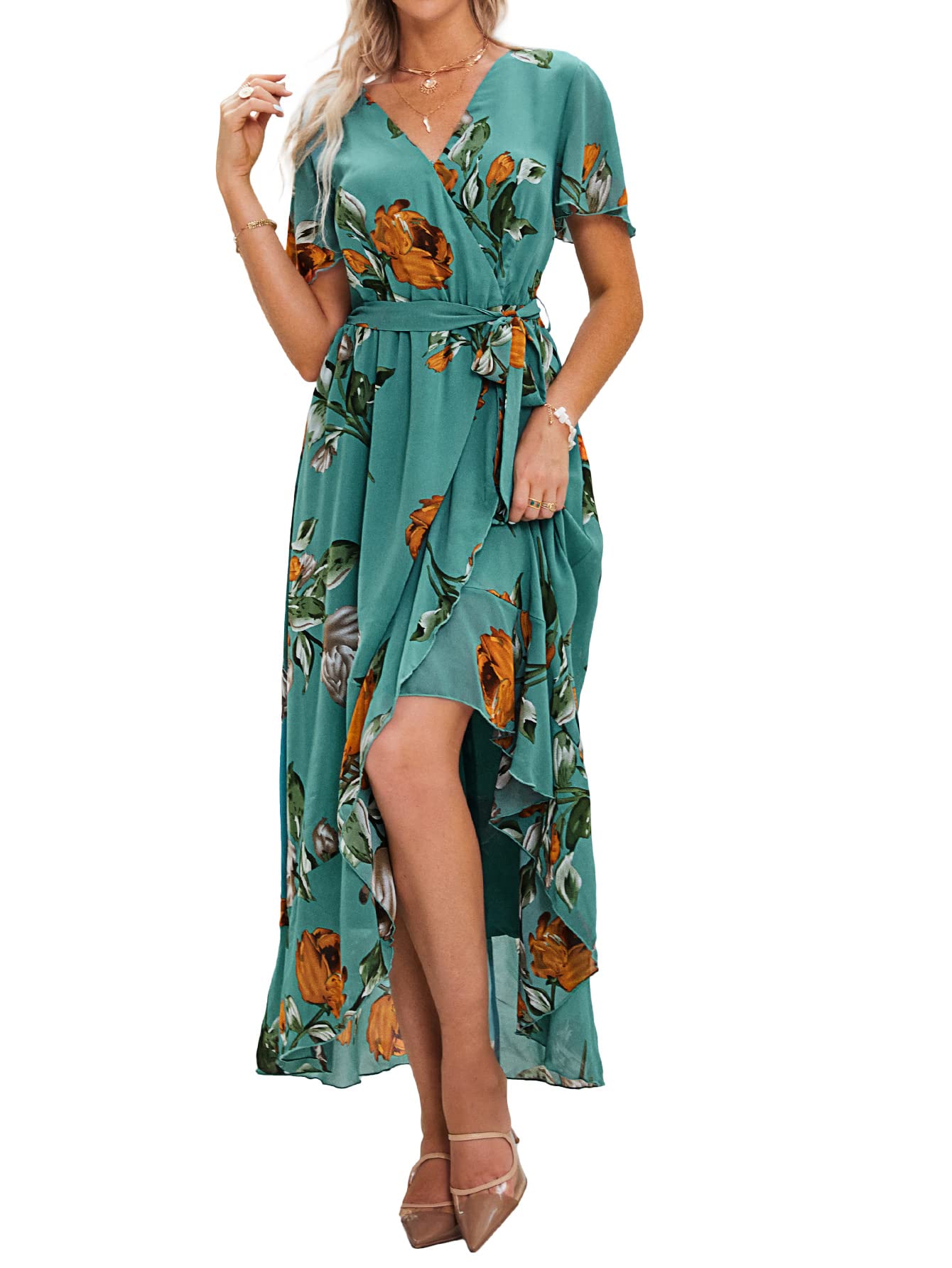BerryGo Women's 2023 Floral Ruffle Wrap Maxi Dress - Elegant Boho Wedding Guest & Bridesmaid Gown with High-Low Hem - Perfect for Beach Weddings, Garden Parties & Summer Events