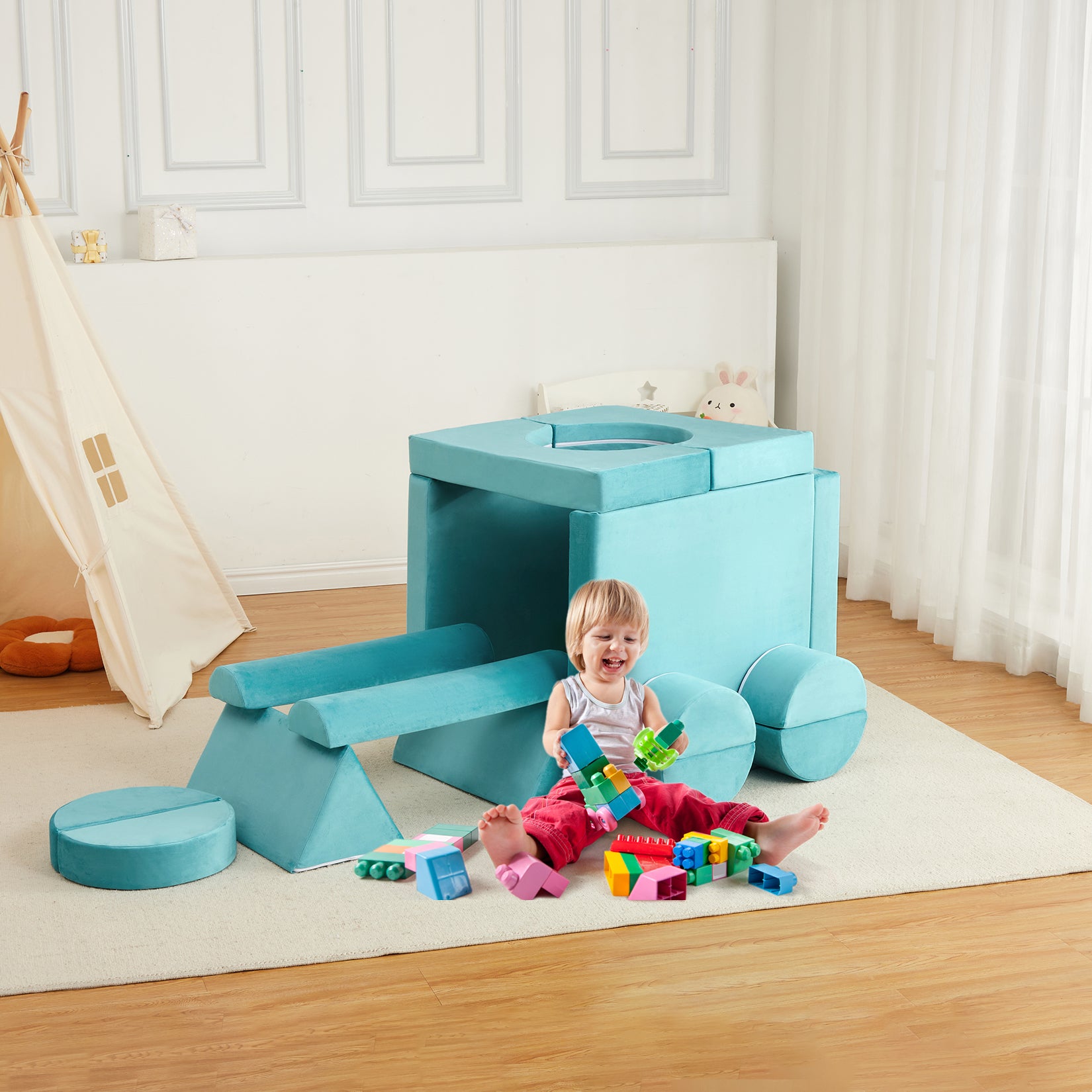 GARVEE 15Pcs Modular Kids Play Couch - Convertible Foam Sofa for Toddlers & Children | Creative Playroom Furniture for Boys & Girls in Teal | Perfect for Indoor Play, Reading Nook & Imaginative Playtime