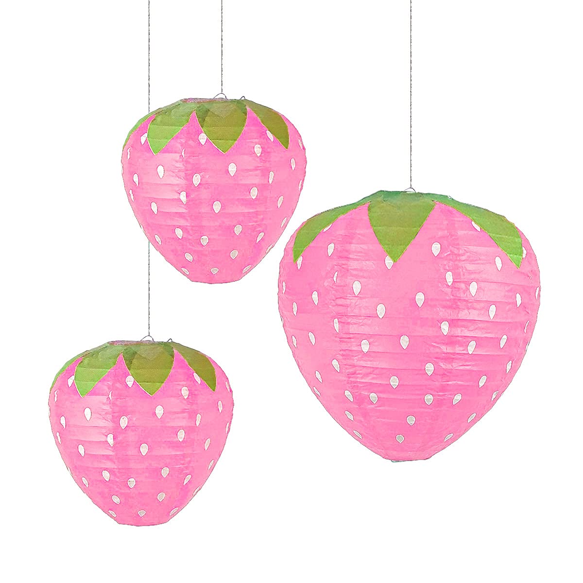 3Pcs Pink Strawberry Party Lanterns - Fruit Themed Hanging Decorations for Birthday, Baby Shower & Hungry Caterpillar Party Supplies - Perfect for Girls' Room Decor & Garden Party Decorations