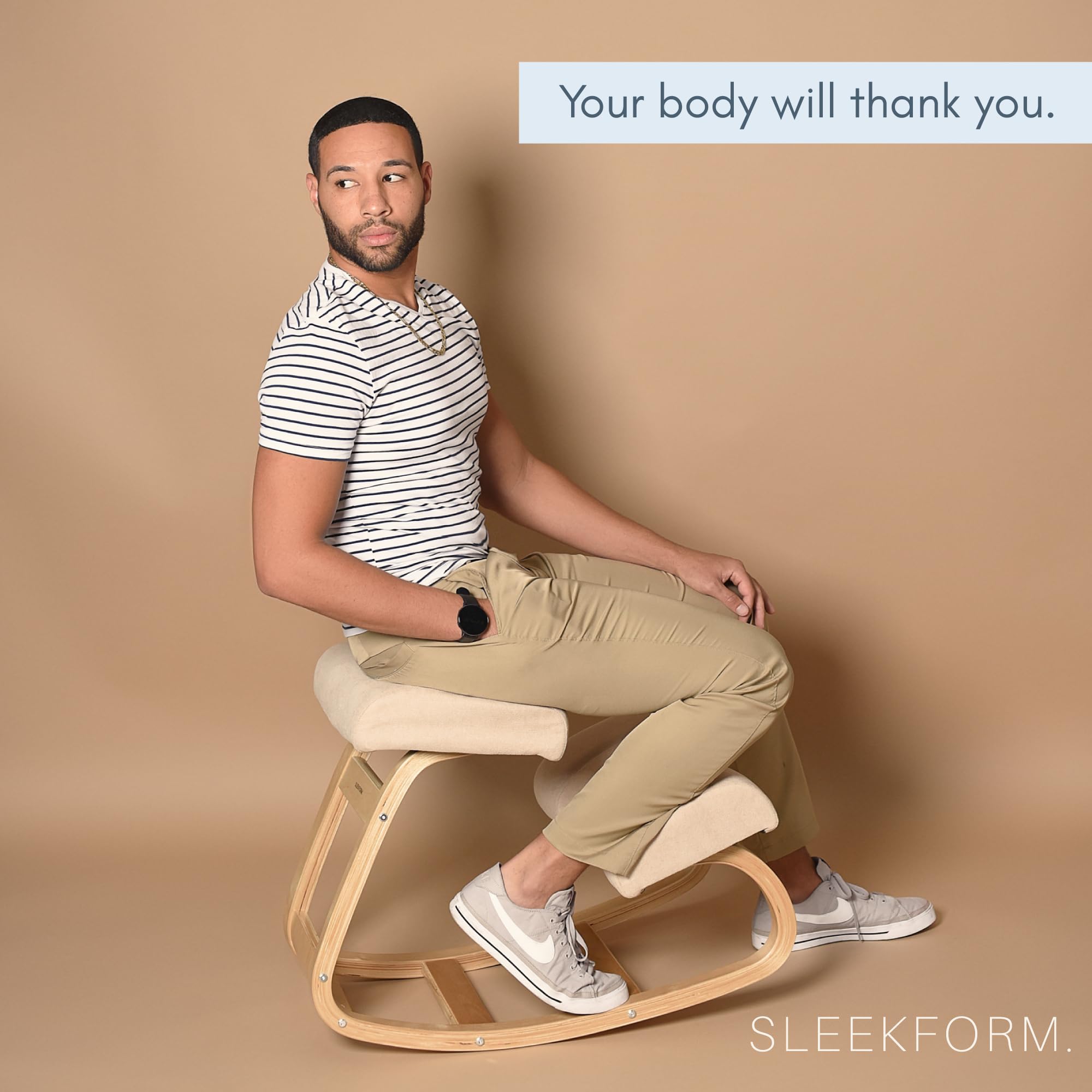 Sleekform Ergonomic Kneeling Chair with Comfortable White Cushions - Adjustable Wooden Rocking Stool for Home Office, Meditation & Active Sitting - Improves Posture for Work & Study