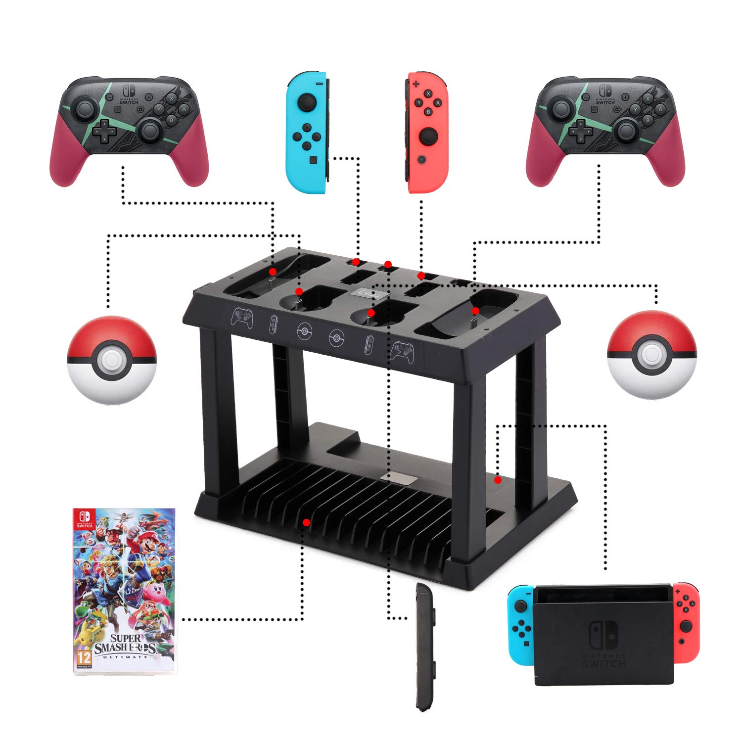 HEATFUN Fast Charging Dock for Nintendo Switch Joy-Cons, Pro Controllers & Poke Ball Plus - LED Indicator Charging Station with Multi-Device Support | Perfect for Gaming Setup & Accessories Organization