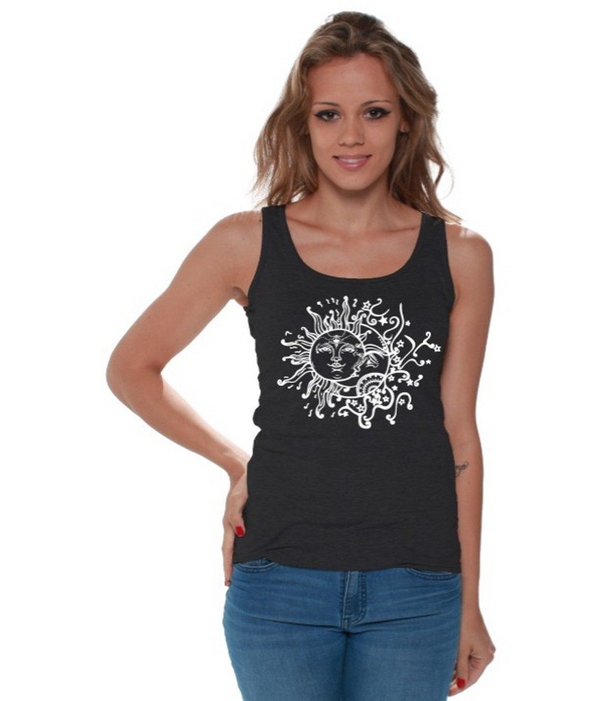 Women's Sun Moon Graphic Tank Top - White Astronomy Magic T-Shirt with Bookmark Gift | Casual Summer Outfit, Festival Wear, Yoga & Beach Cover Up
