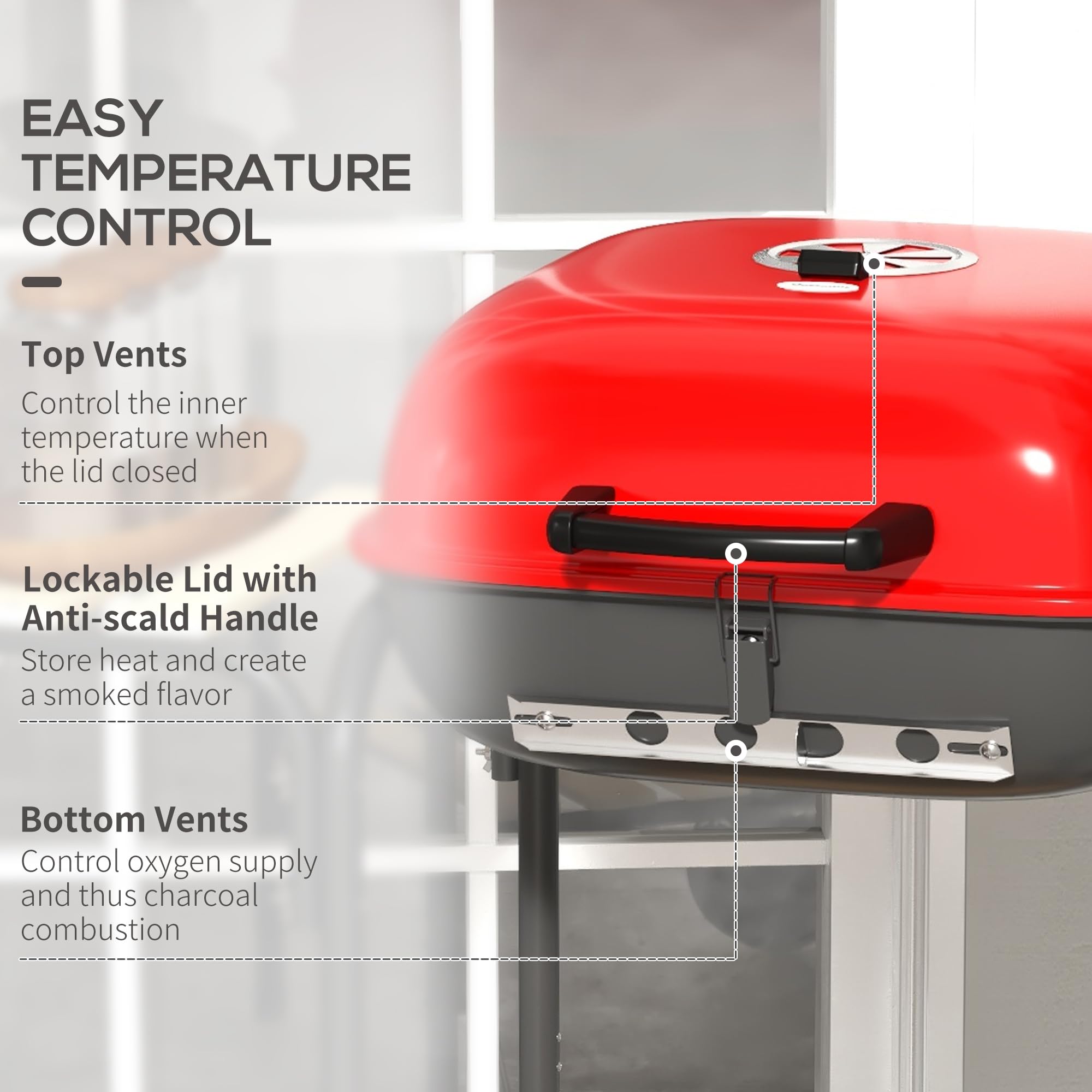 Outsunny 17 Inch Portable Charcoal Grill with Wheels, 2 Side Tables & Bottom Shelf - Adjustable Vents BBQ for Picnic, Camping, Backyard Cooking (Red) | Perfect for Outdoor Grilling, Tailgating & Family Gatherings