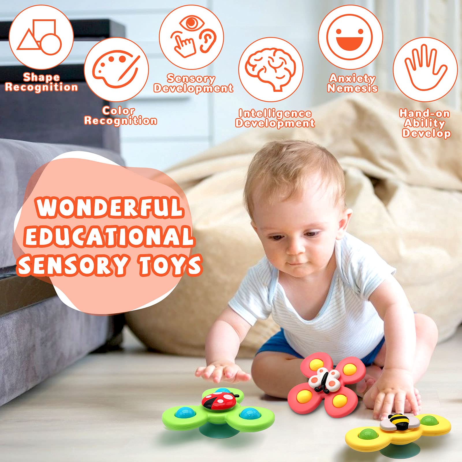 **Sensory Spinner Toys for Toddlers 2-3 Years Old - 3 Pack Suction Cup Bath Toys for Babies 18+ Months, Fun Learning & Developmental Gifts for Boys & Girls - Perfect for Bath Time, Playtime & Stress Relief**