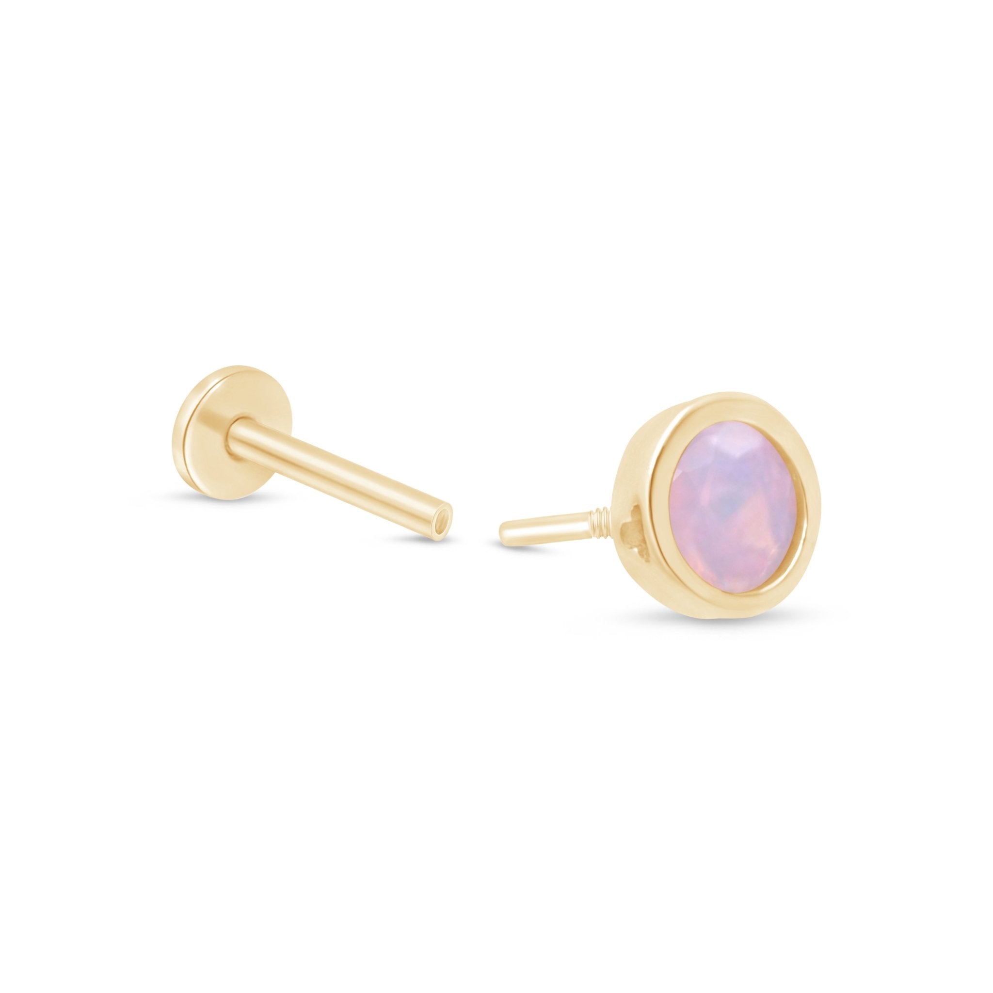 14K Yellow Gold Pink Opal Stud Earrings - Round Bezel Set Flat Back Earrings for Women, Perfect for Everyday Wear, Parties & Gifts
