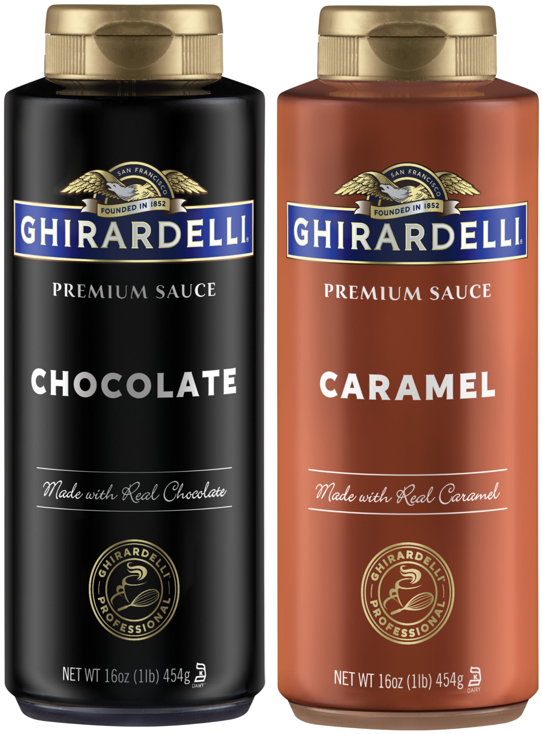 Ghirardelli Chocolate and Caramel Sauces 16 oz Squeeze Bottles - Premium Dessert Toppings for Ice Cream, Pancakes & Baking | Easy-Pour No Mess Design